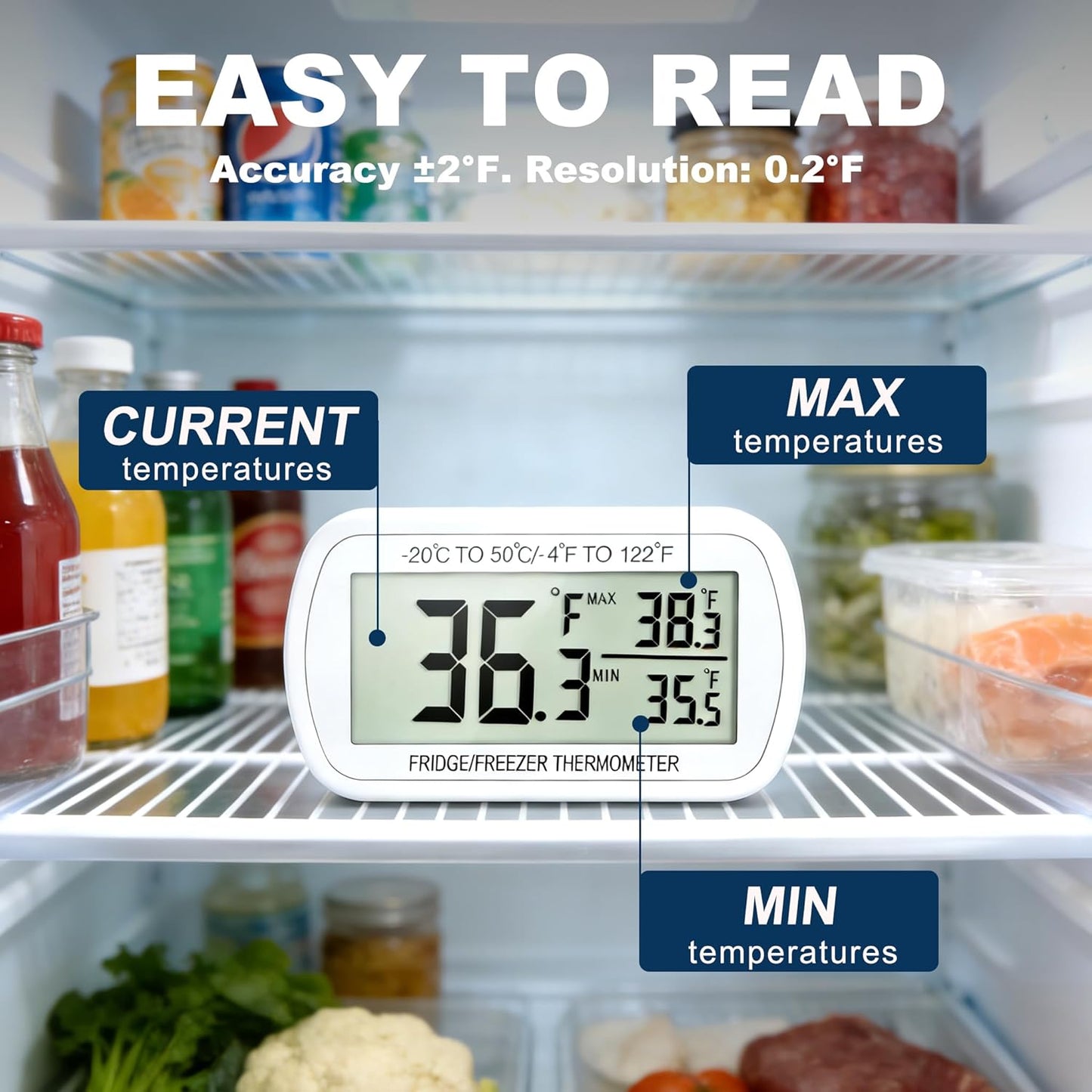 Waterproof Refrigerator Fridge Thermometer, Digital Freezer Room Thermometer, Max/Min Record Function Large LCD Screen and Magnetic Back for Kitchen, Home, Restaurants (2 Pack)