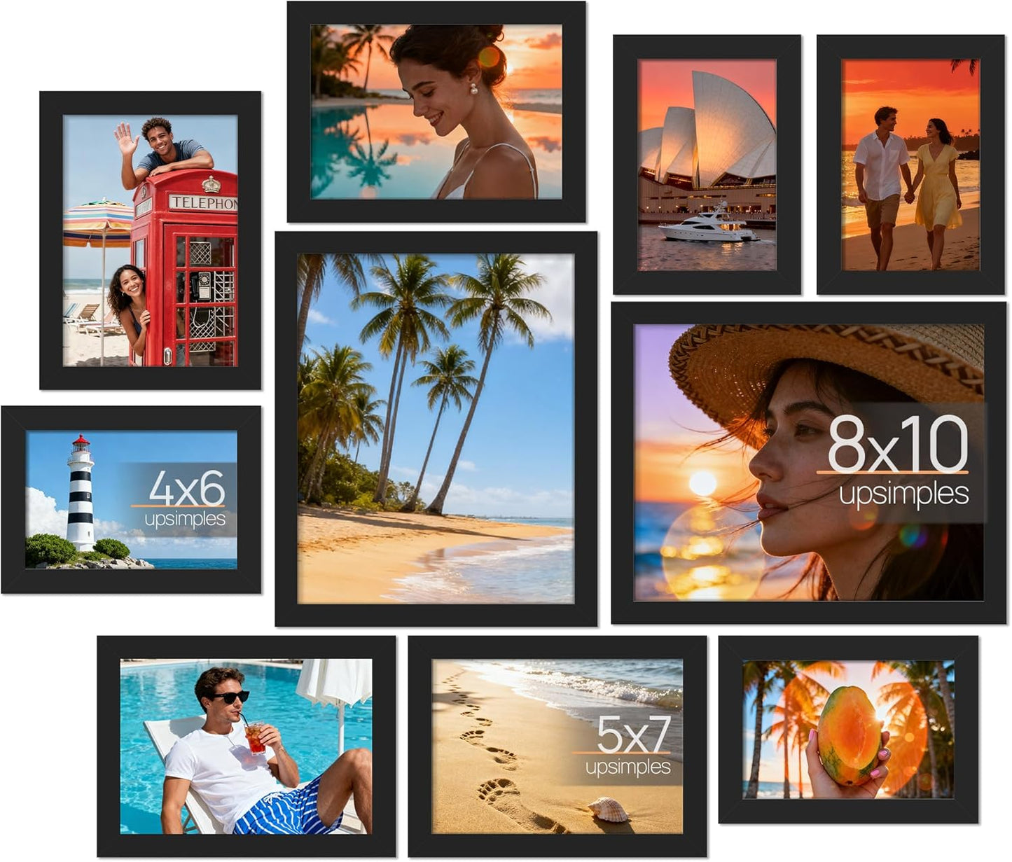 upsimples 10 Pack Picture Frames Collage Wall Decor for Mounting or Tabletop Display, Photo Gallery Frame Set for Family, Multi Sizes Including 8x10, 5x7, 4x6, Black