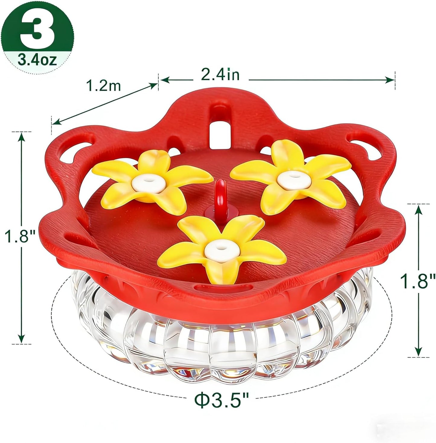 Glass Hummingbird Feeder for Outdoors, 3.4OZ Handheld Top Fill Hanging Humming Bird Nectar Feeders 3 Bee Flower Feeding Ports, Chain & S Hook, Outsides Backyard Decor, Clean, 1 Pack