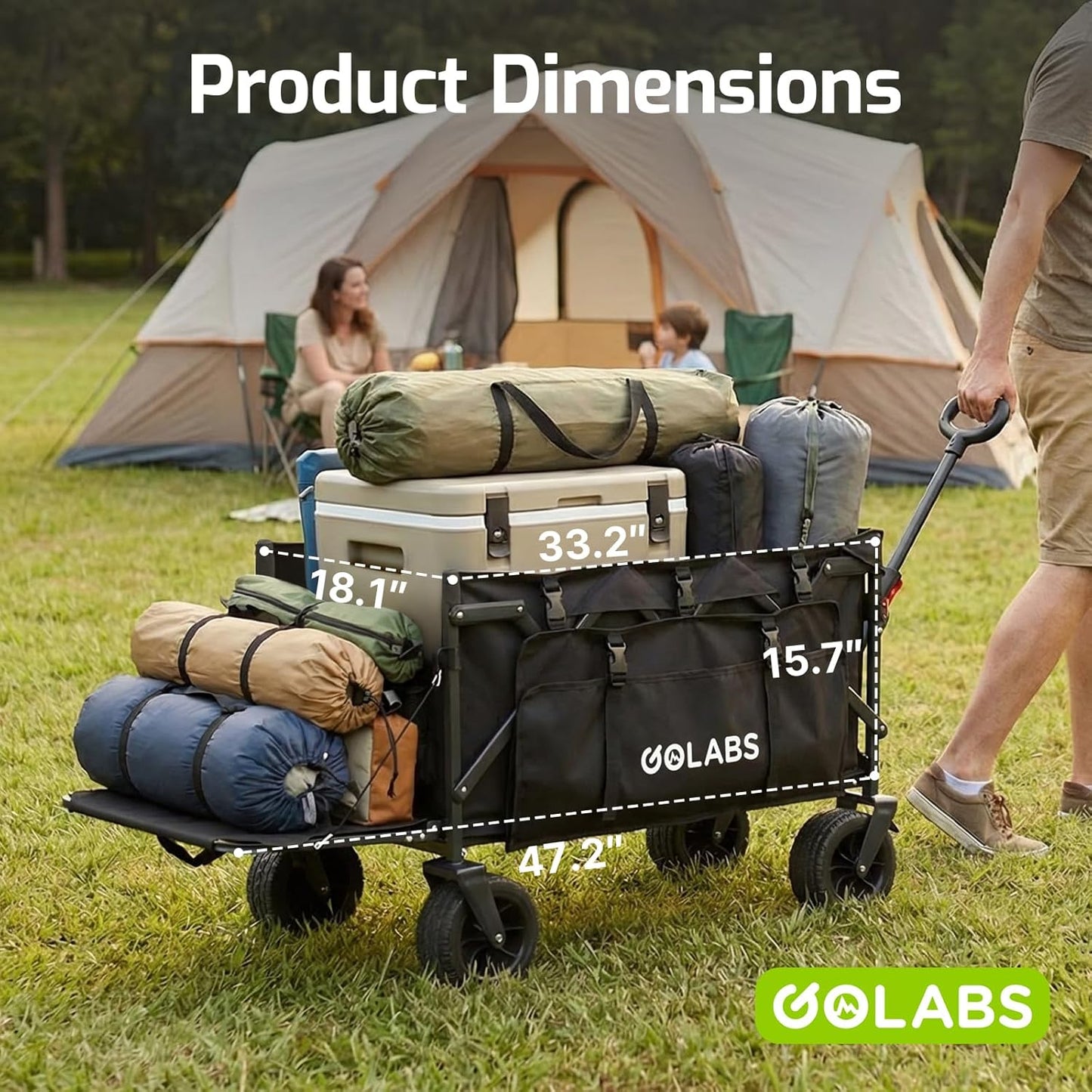 Golabs WA2 Wagon Cart Max 440lbs Load & Expandable Storage 205L, Heavy Duty Beach Wagon w/ 7×4" Big All-Terrain Wheel, 3S Quick Fold &Flexible Steering Design,2 Side Strap Design for Garden & Camping