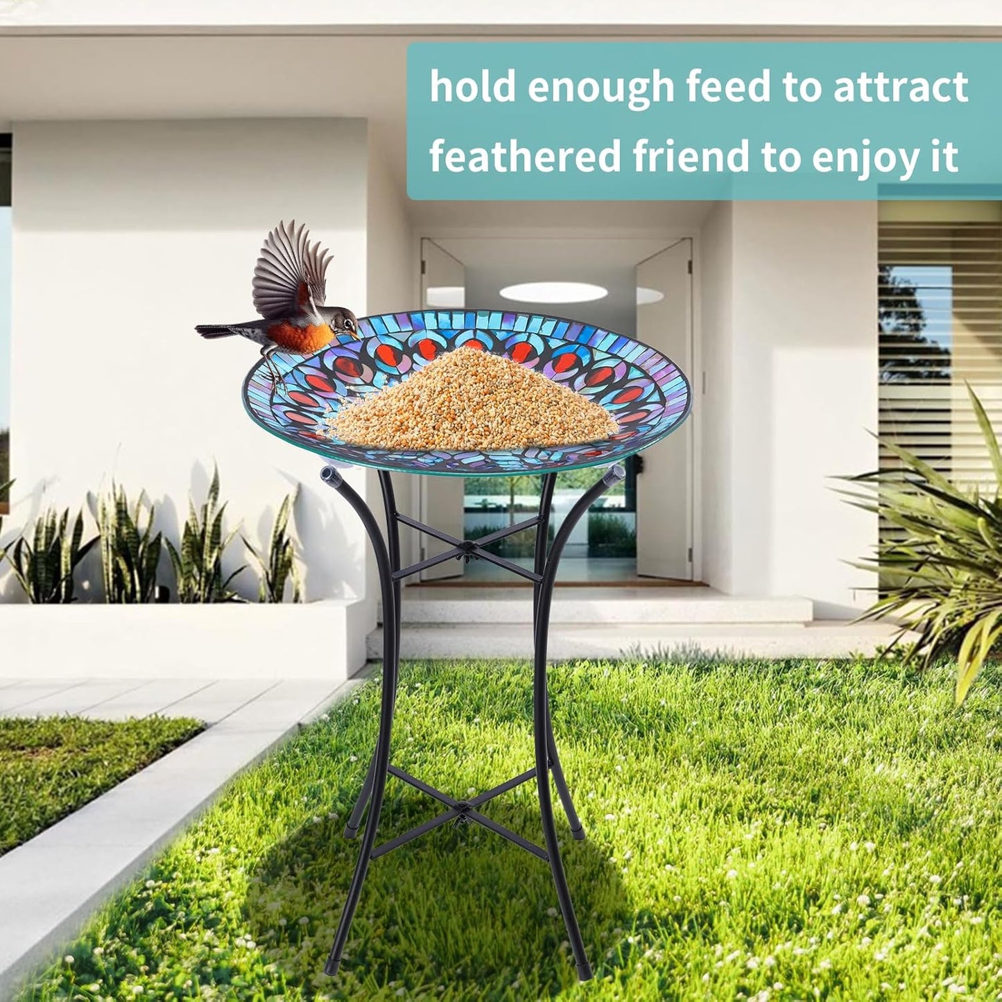 VCUTEKA Mosaic Bird Bath, Glass Birdbath Detachable with Metal Standin