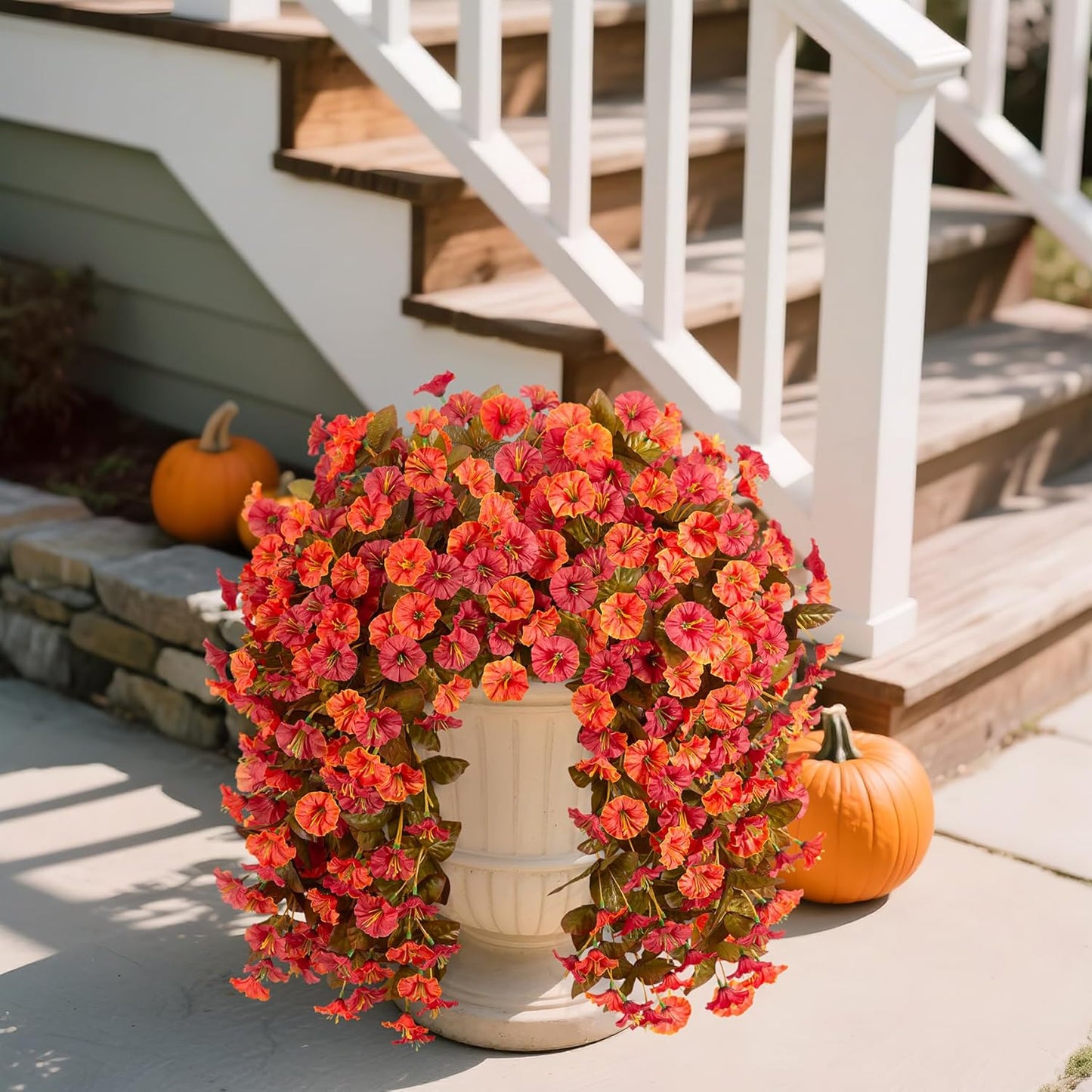 Artificial Fall Hanging Flowers for Outdoors Decoration, 2PCS Fake Plants Faux Realistic Silk Morning Glory Long Vines UV Resistant for Autumn Outside Porch Patio Balcony Yard Planter, OrangeRed