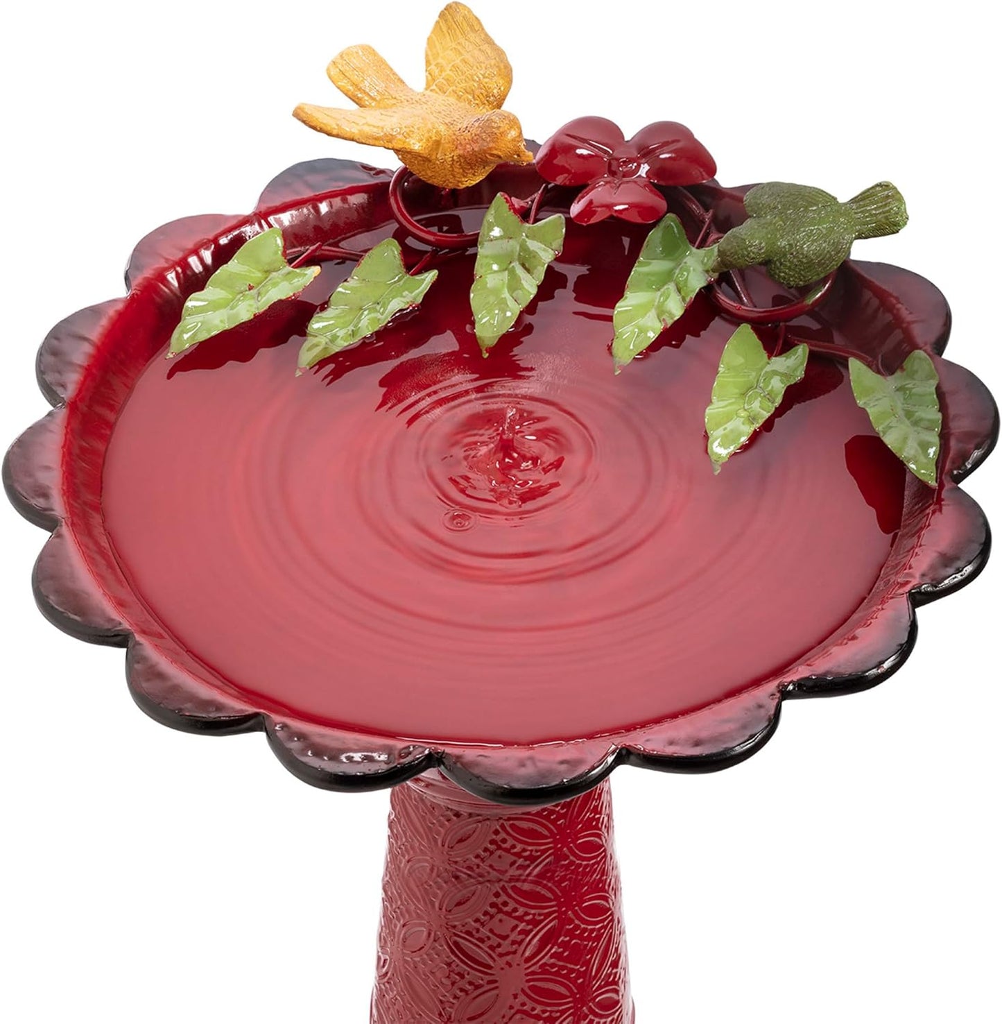 Alpine Corporation - 28" Tall Outdoor Metal Birdbath with Birds and Leaves Yard Statue Decoration, Red – Stunning Garden Accent to Attract Birds - Durable Construction for Patio, Deck, or Yard