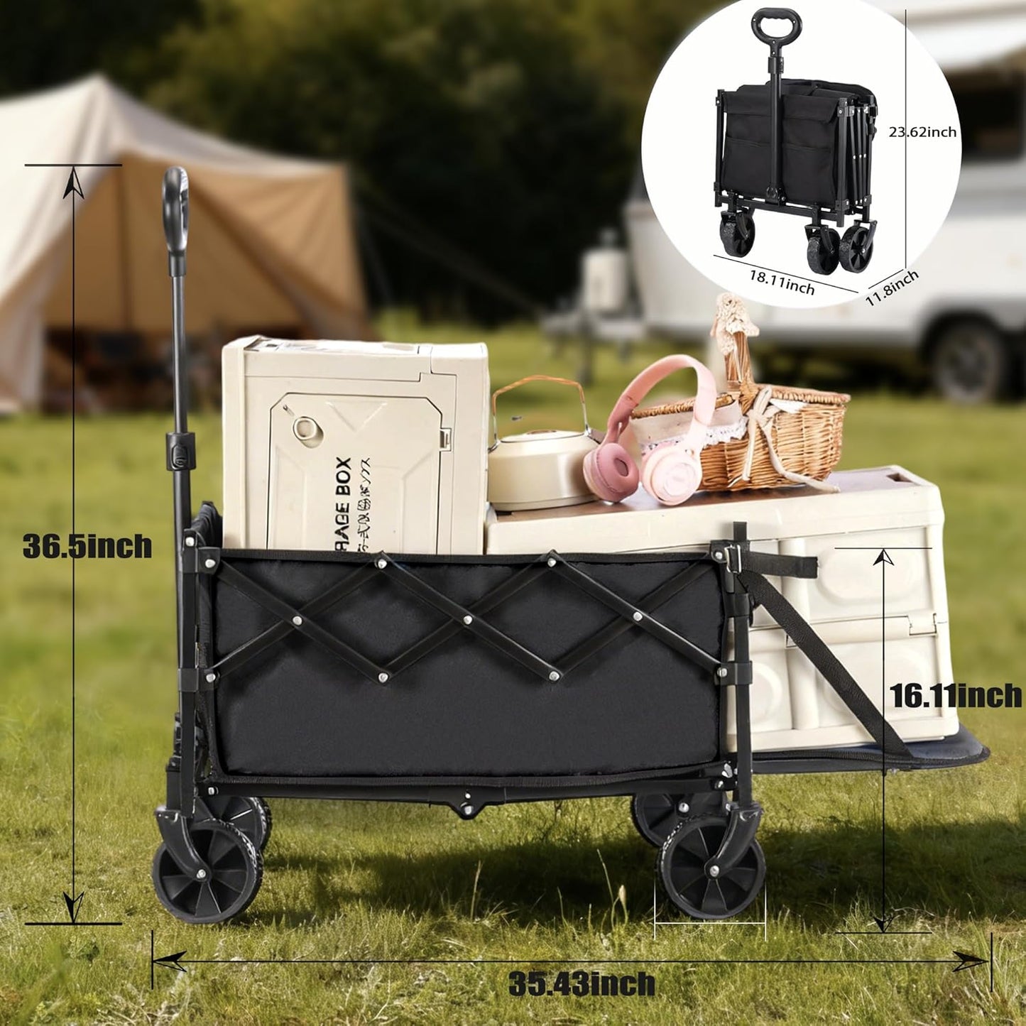 XMT 100L Folding Wagon Cart Push & Pull Beach, 350 lbs Weight Capacity Heavy Duty Folding Beach Wagons with Big All-Terrain Wheels & Drink Holders for Groceries, Shopping, Camping, Sports - Black