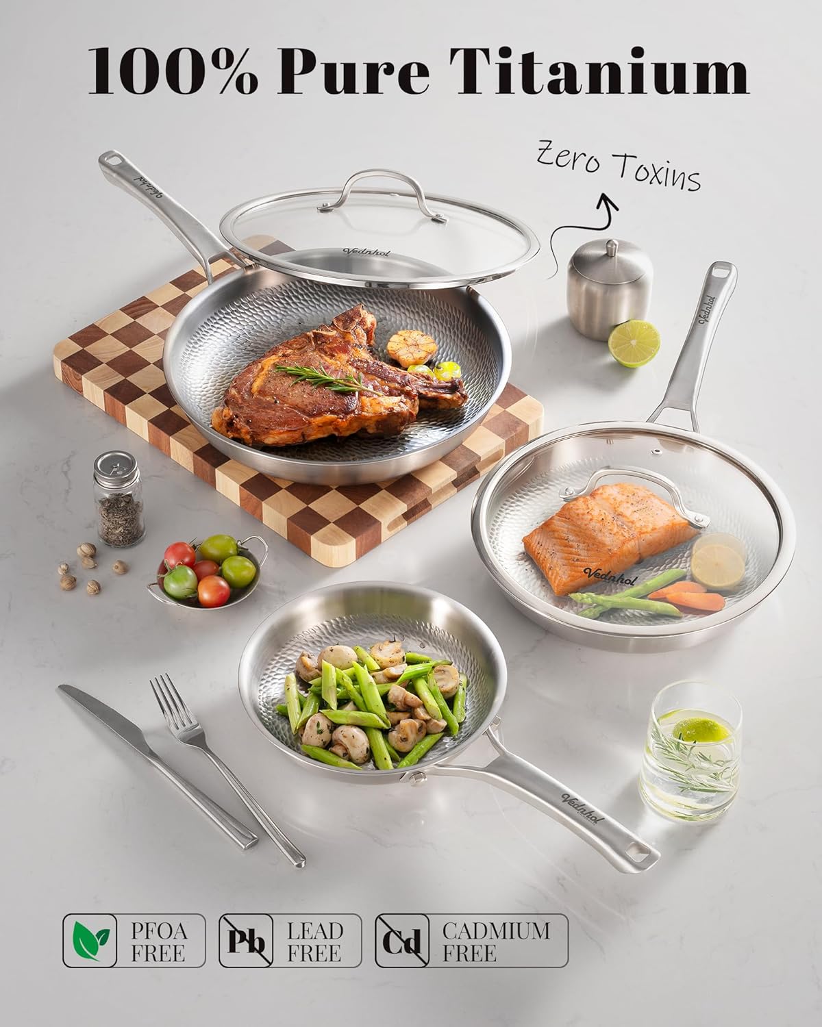 Titanium Pan, 12 Inch Pure Titanium Hammered Pro frying pan with Lid, 