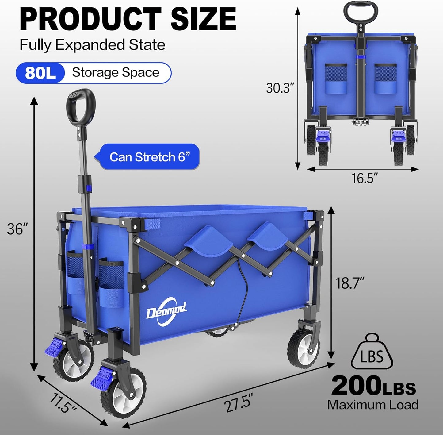 Collapsible Wagon Cart Foldable with 200lbs/80L Weight Capacity, Utility Grocery Shopping Cart with Wheels, Lightweight Portable Folding Wagon with Locking Caster, Blue