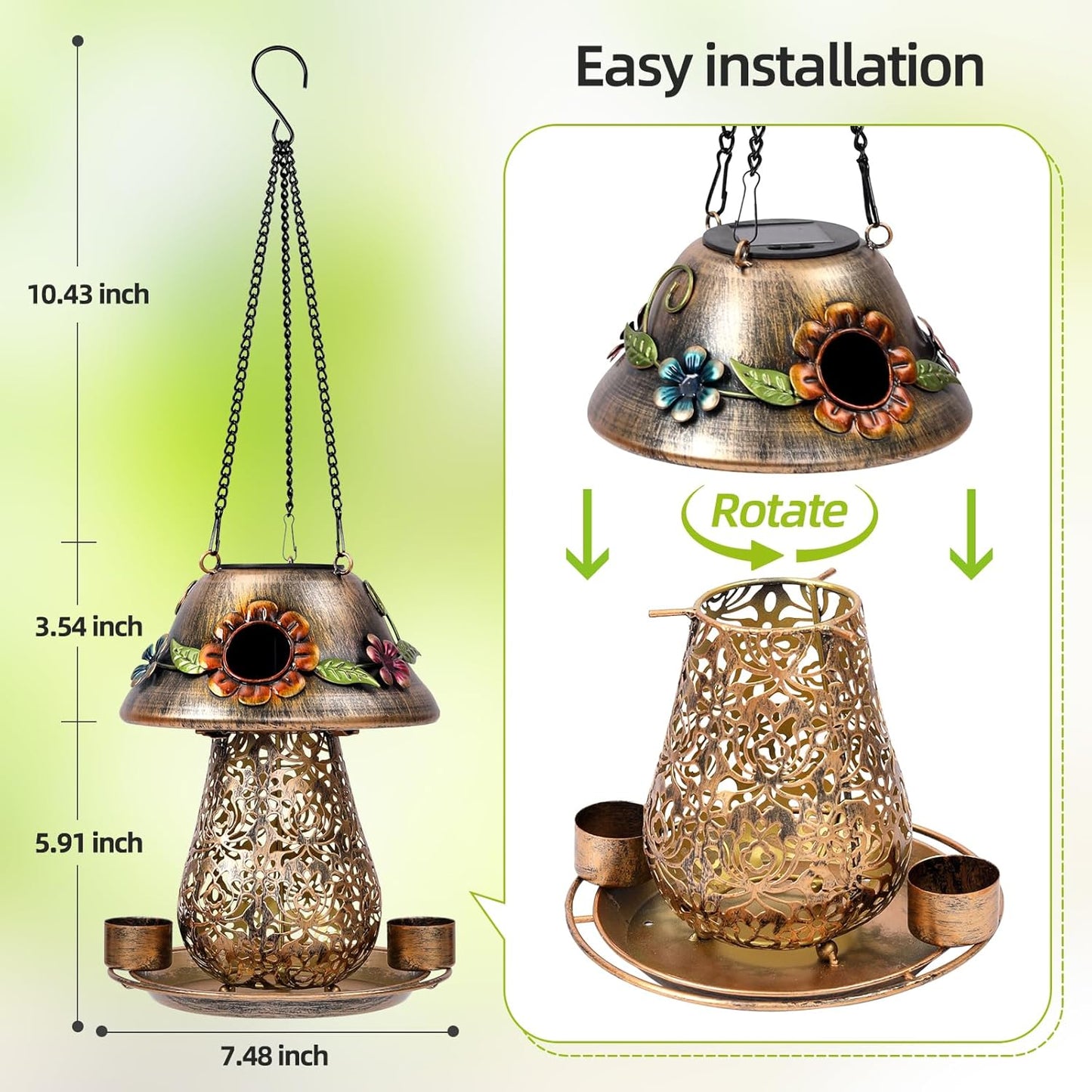 Mushroom Solar Bird Feeders for Outdoors Hanging Metal Wild Bird Feeder with S Hook for Garden Decoration Brown