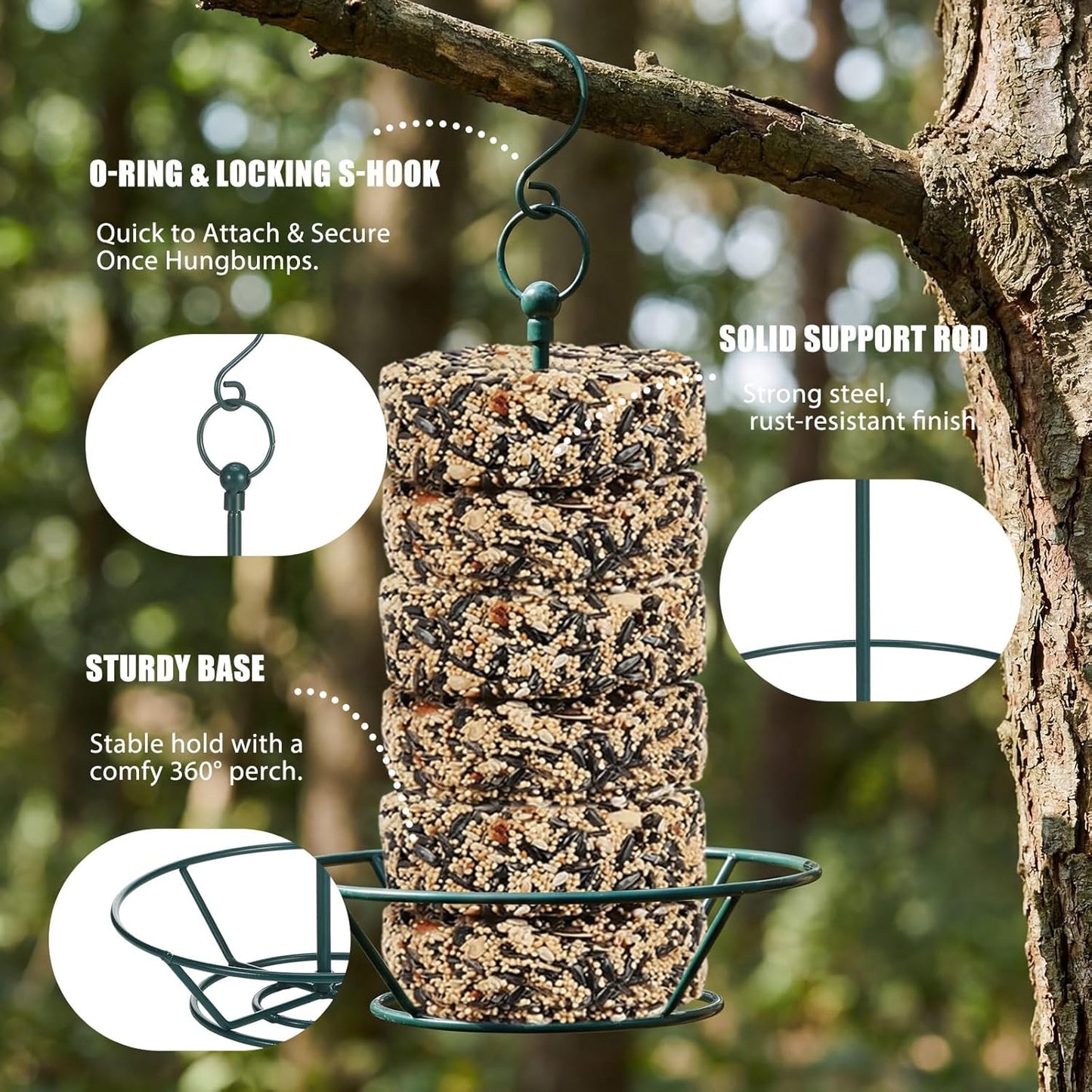 2 Pcs Dark Green Cylinder Bird Feeder for Outdoors Hanging Bird Feeders Holder Includes O-Ring & Locking S Hook Backyard Wild Birds Feeding Birds Container for Outdoors Garden