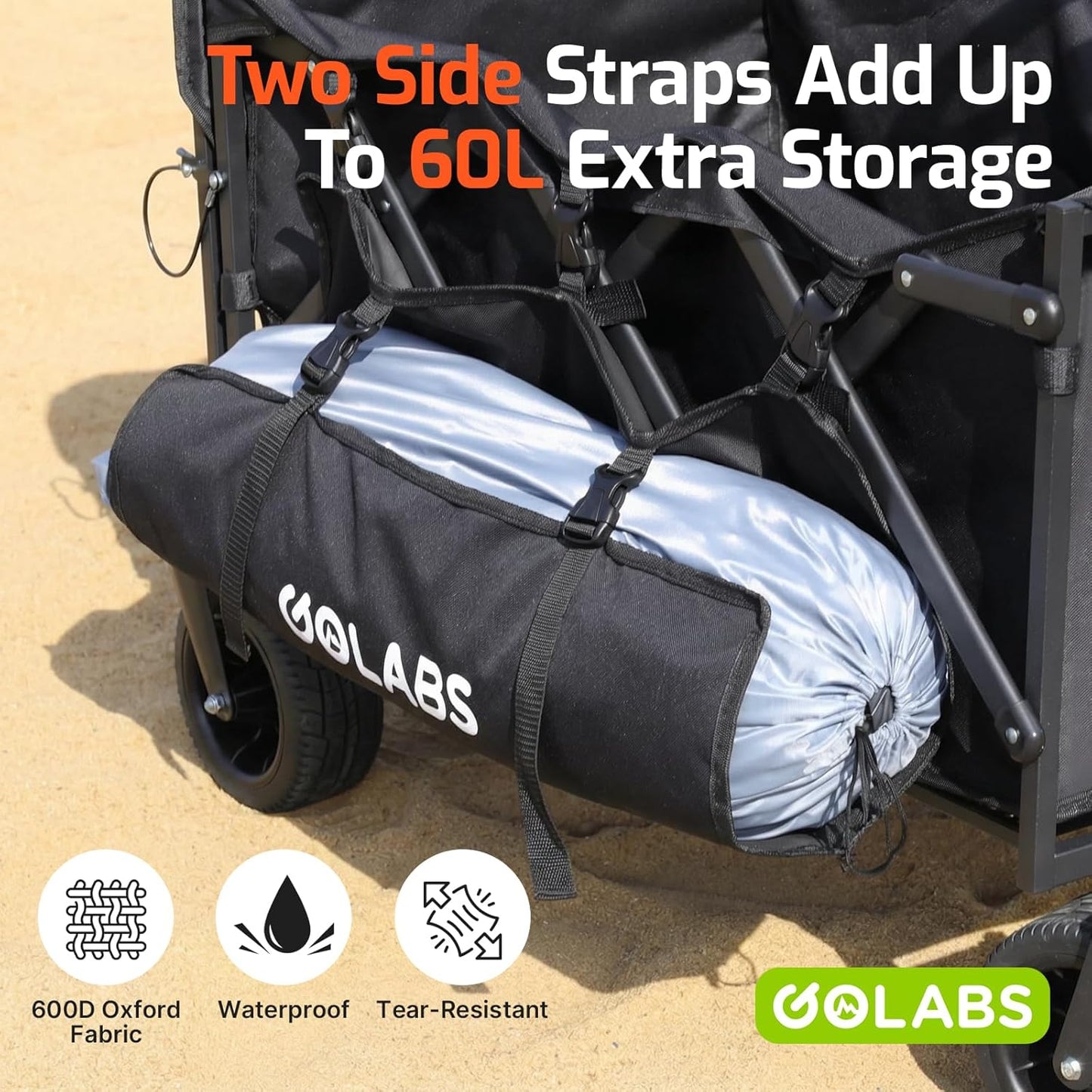 Golabs WA2 Wagon Cart Max 440lbs Load & Expandable Storage 205L, Heavy Duty Beach Wagon w/ 7×4" Big All-Terrain Wheel, 3S Quick Fold &Flexible Steering Design,2 Side Strap Design for Garden & Camping