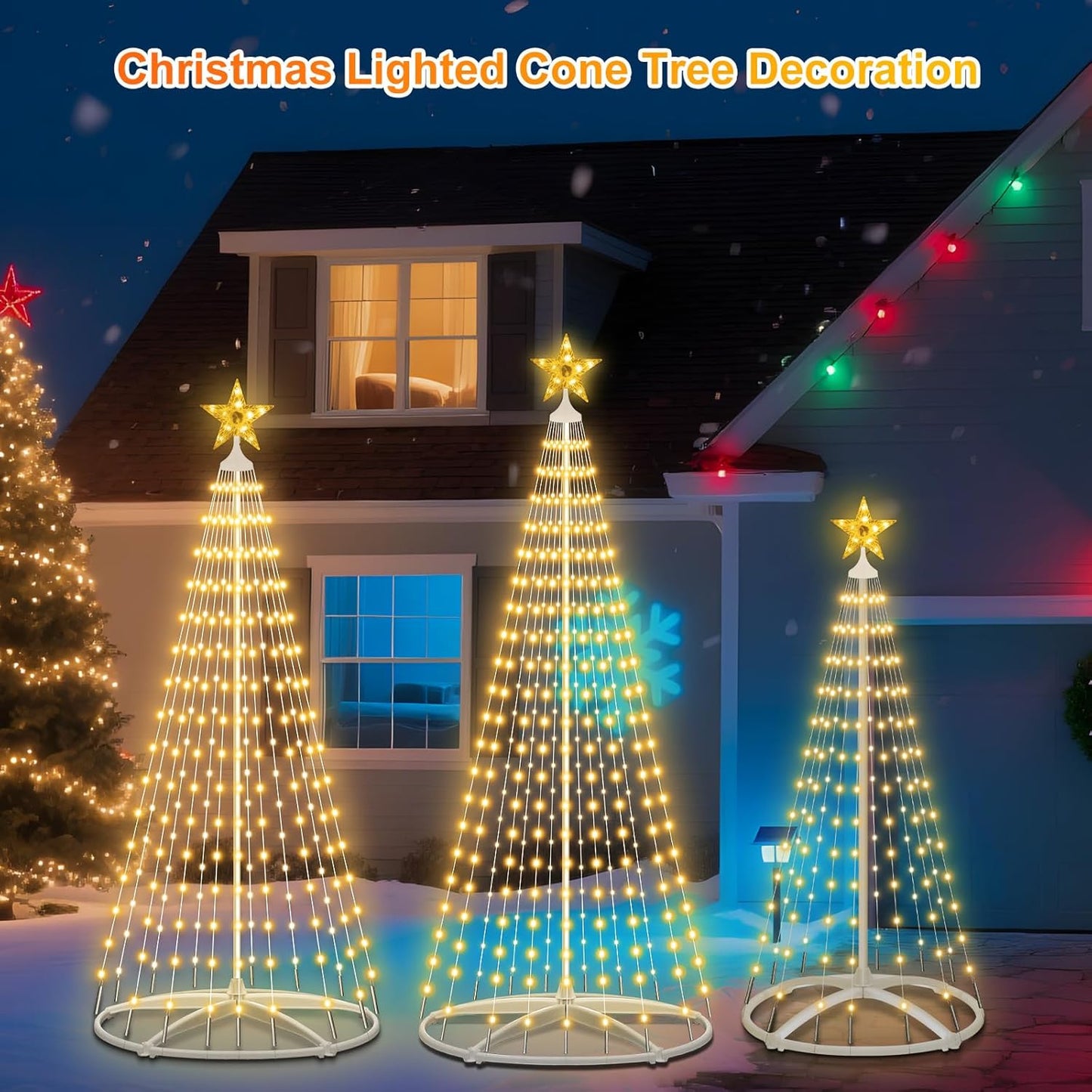 Outdoor Solar Christmas Tree, 3PCS LED Christmas Trees with Remote, 5ft/6ft/7.5ft Multi-Size Set, 8 Modes, IP65 Waterproof, USB Backup, Auto On/Off for Yard Garden Holiday Decor, Warm White