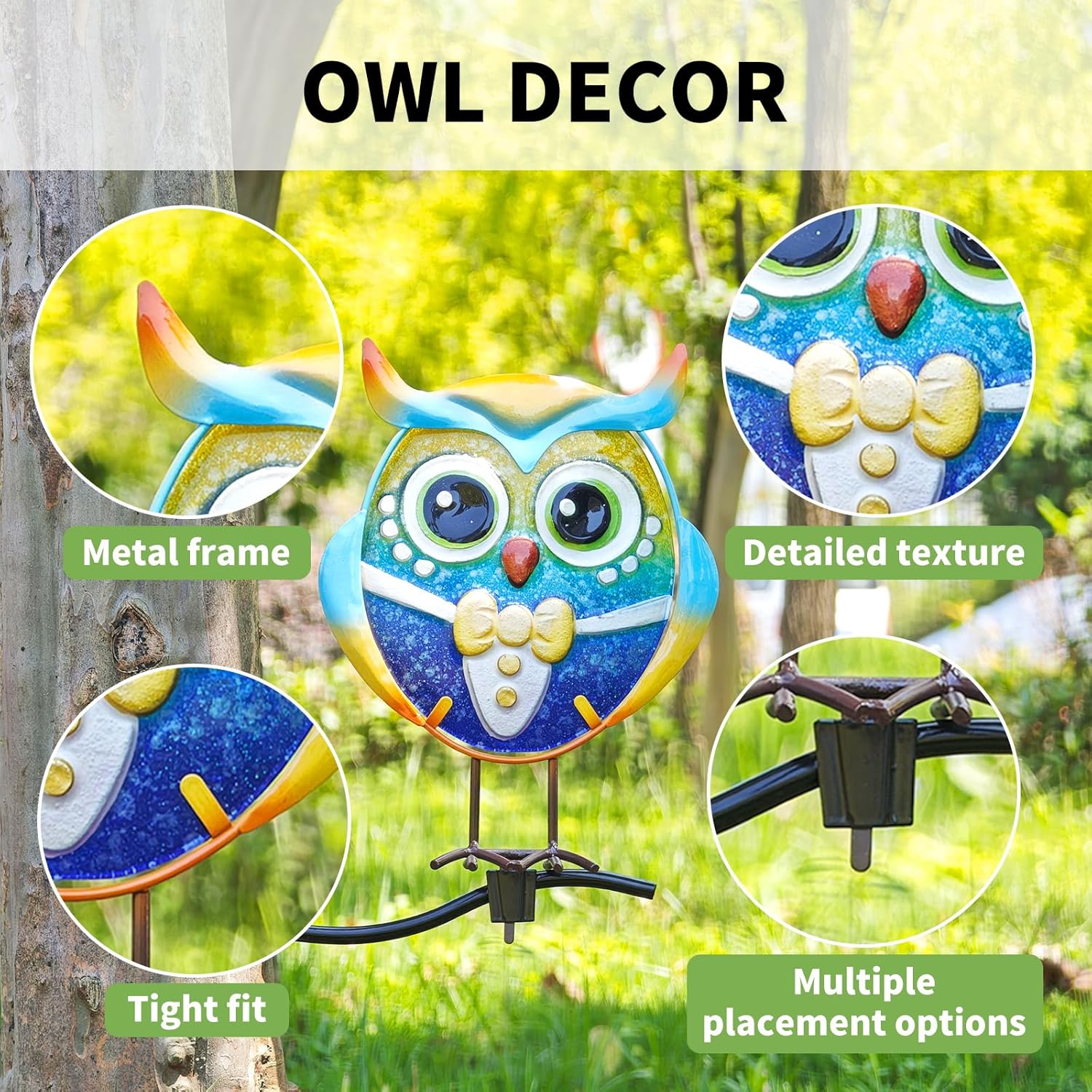 Owl Garden Decor for Outside, 3 Pack Metal & Glass Owl Yard Art, Lawn 