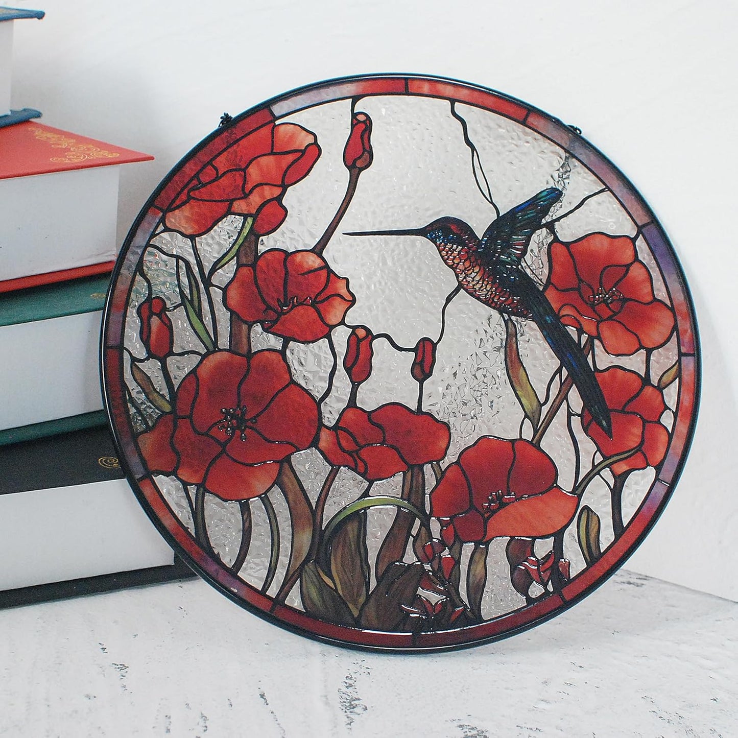 8'' Hummingbird Suncatcher Stained Glass Suncatchers - Originally Designed Red Poppies Ornament for Sun Catcher Indoor Window | Gifts for Hummingbird Lovers Painted Glass Panel Decor