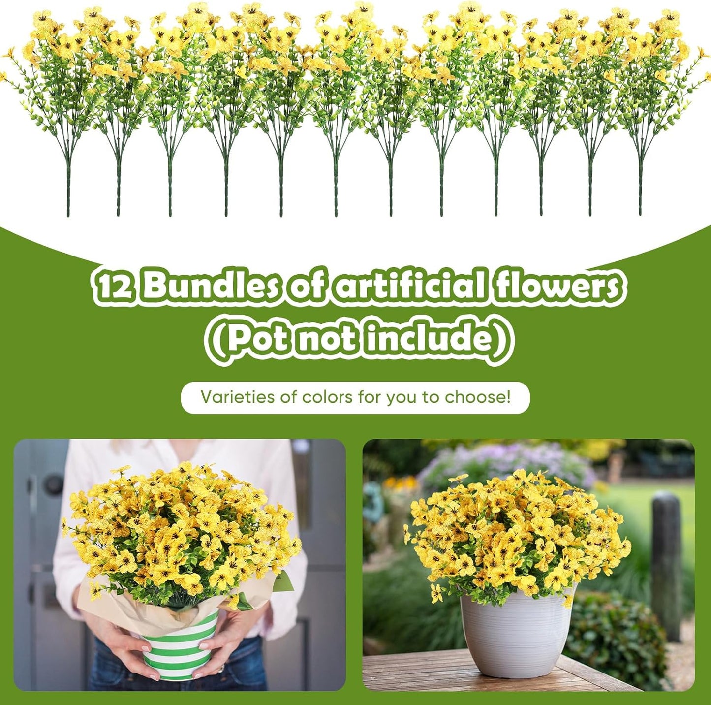 Artificial Flowers for Outdoors, 12 Bundles Artificial Plants & Flowers Outdoor, UV Resistant Faux Flowers Silk Fake Flower for Outside Porch Pot Window Garden Planter Decoration(Yellow)