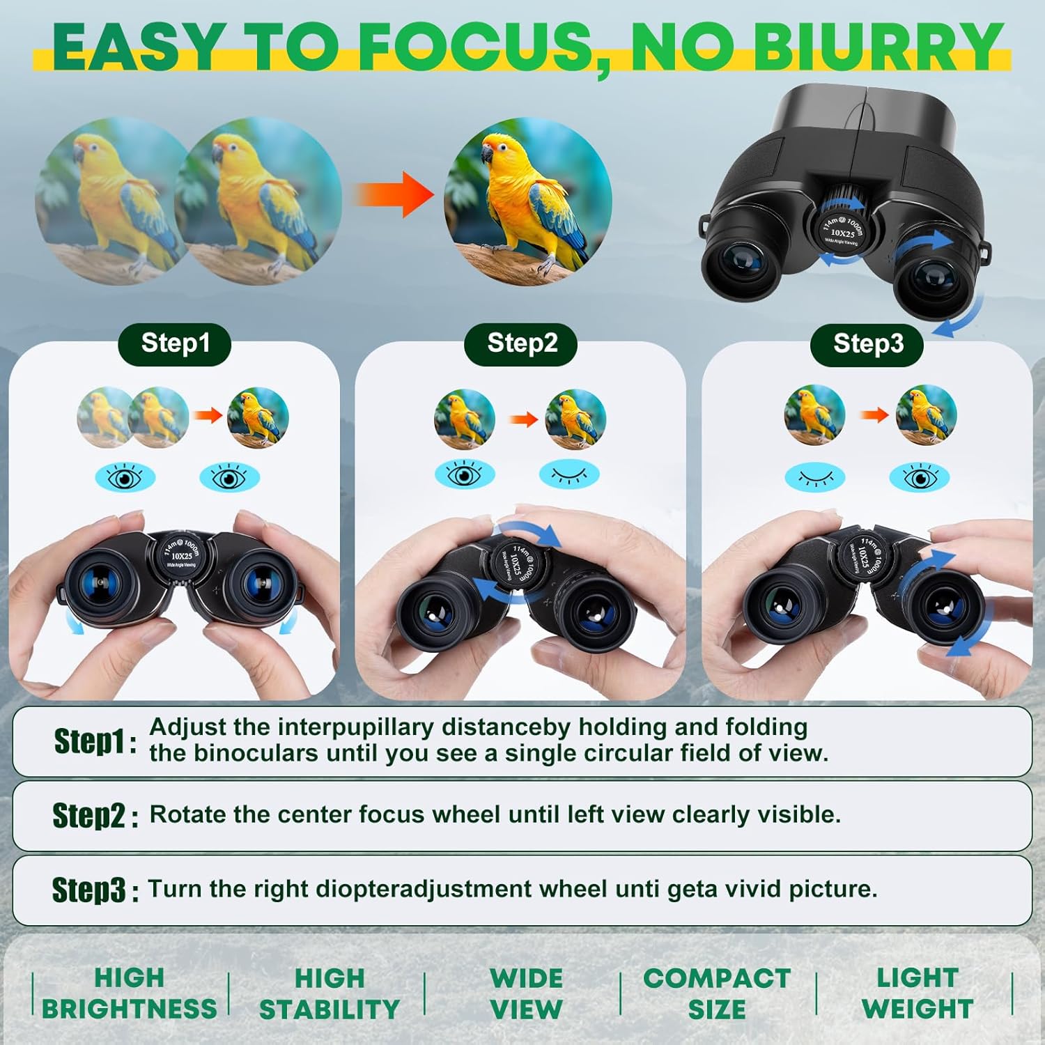 10X25 Compact Binoculars for Adults, High Power Clear Vision, Easy Foc