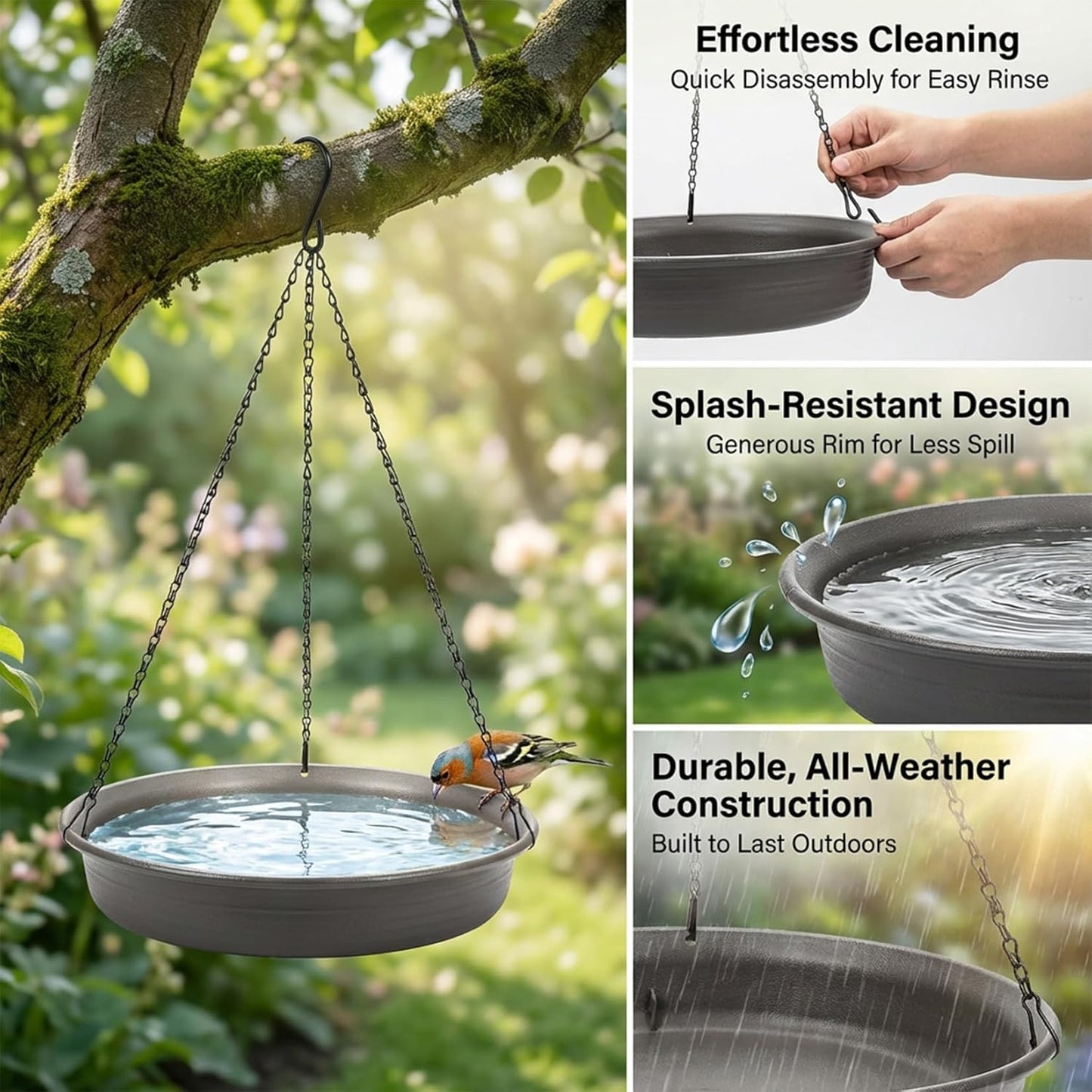 Hanging Bird Bath Bird Feeder - Bird Bath for Outside Outdoors Hanging with Tray Bowl Water Feeder, Garden Bird Bath 2-in-1 Bird Feeder Bath, Durable PP Bird Bath Bowl for Garden Patio Backyard Decor