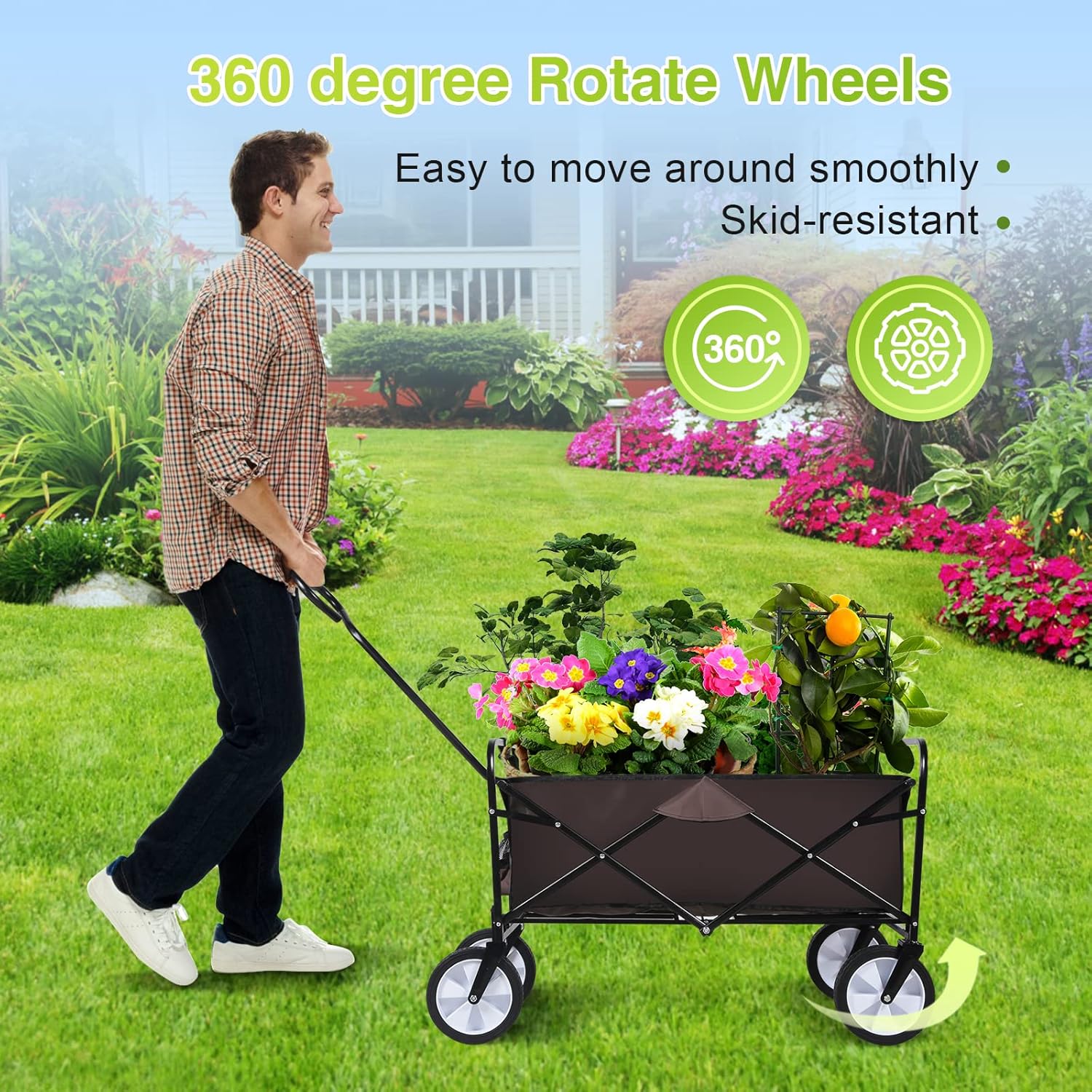 YSSOA Rolling Collapsible Garden Cart Camping Wagon, with 360 Degree S
