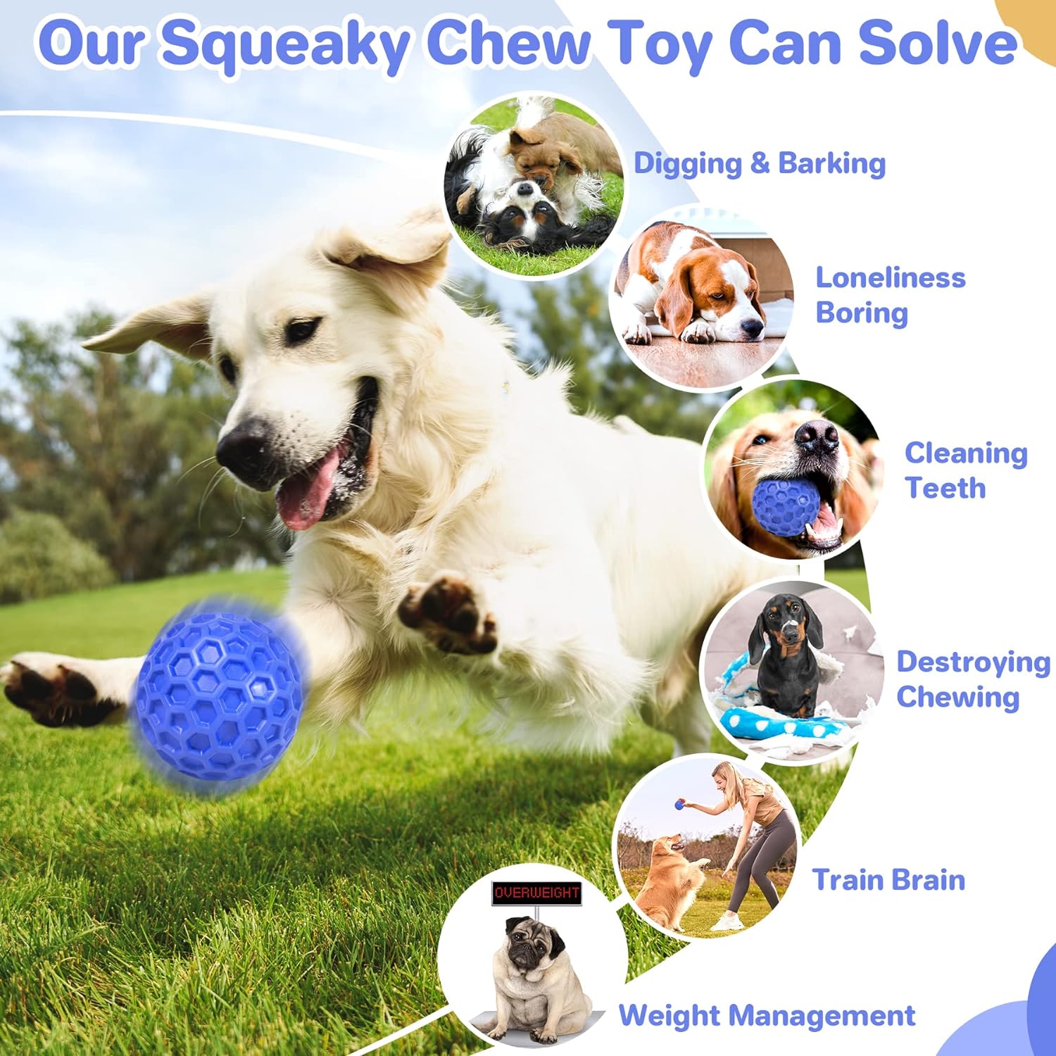Indestructible Squeaky Dog Ball, Relieves Anxiety, Cleans Teeth, Inter