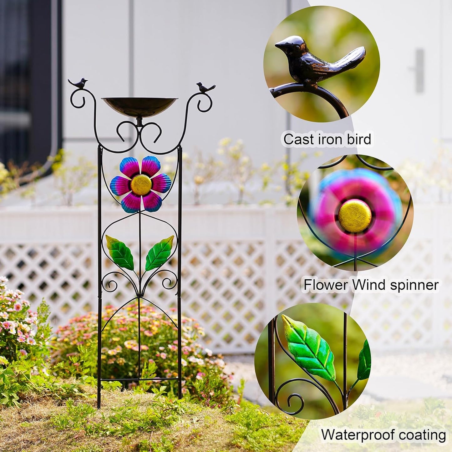 Bird Bath with Trellis Outdoor - 40" Antique Iron Free Standing with 9" Detachable Basin, Spinning Flower Windmill & Birdfeeder Station for Garden Decor
