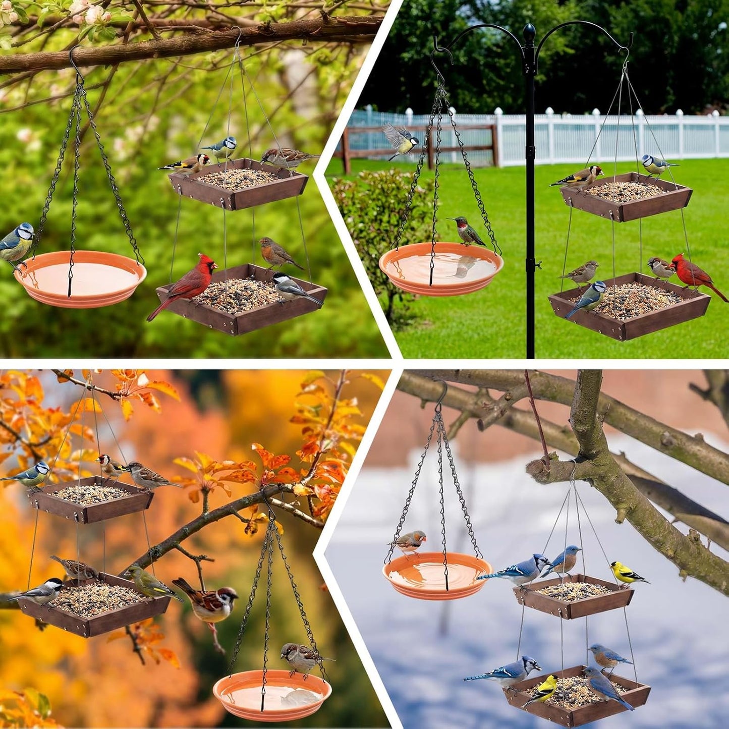 2 Tier Large Platform Cedar Bird Feeders with Round Hanging Birds Watering Tray, Bird Bath, Wooden Mesh Seed Tray Platform for Outdoors Garden Decor, for Cardinal Blue Jay