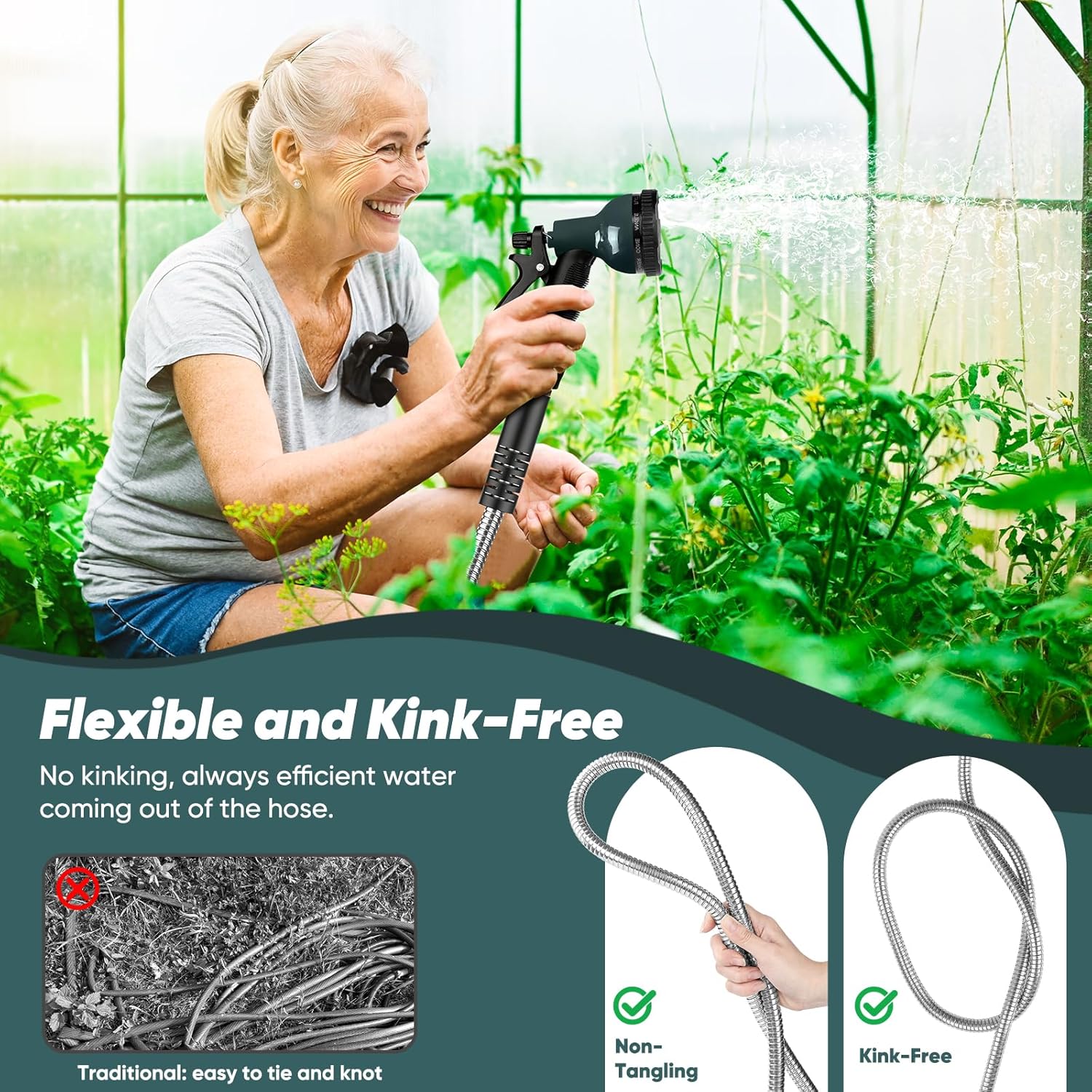 Garden Hose with 10-Function Nozzle, Leak-proof Metal Connector Hose, 