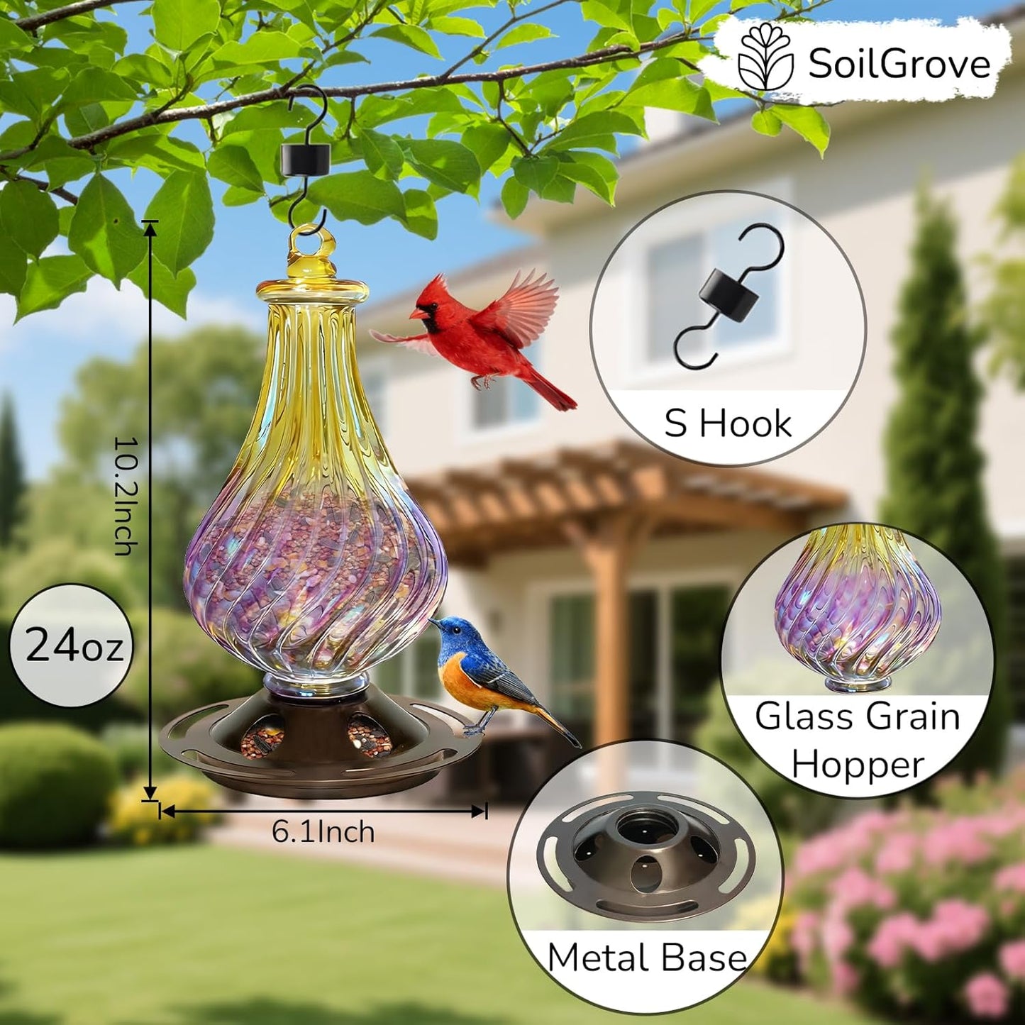 Bird Feeders for Outdoors – Hand Blown Glass Hanging Bird Feeder with Metal Base, 5 Feeding Ports, 24 oz Hanging Wild Bird Feeder for Cardinals & Blue Jays, Garden Decor Gift