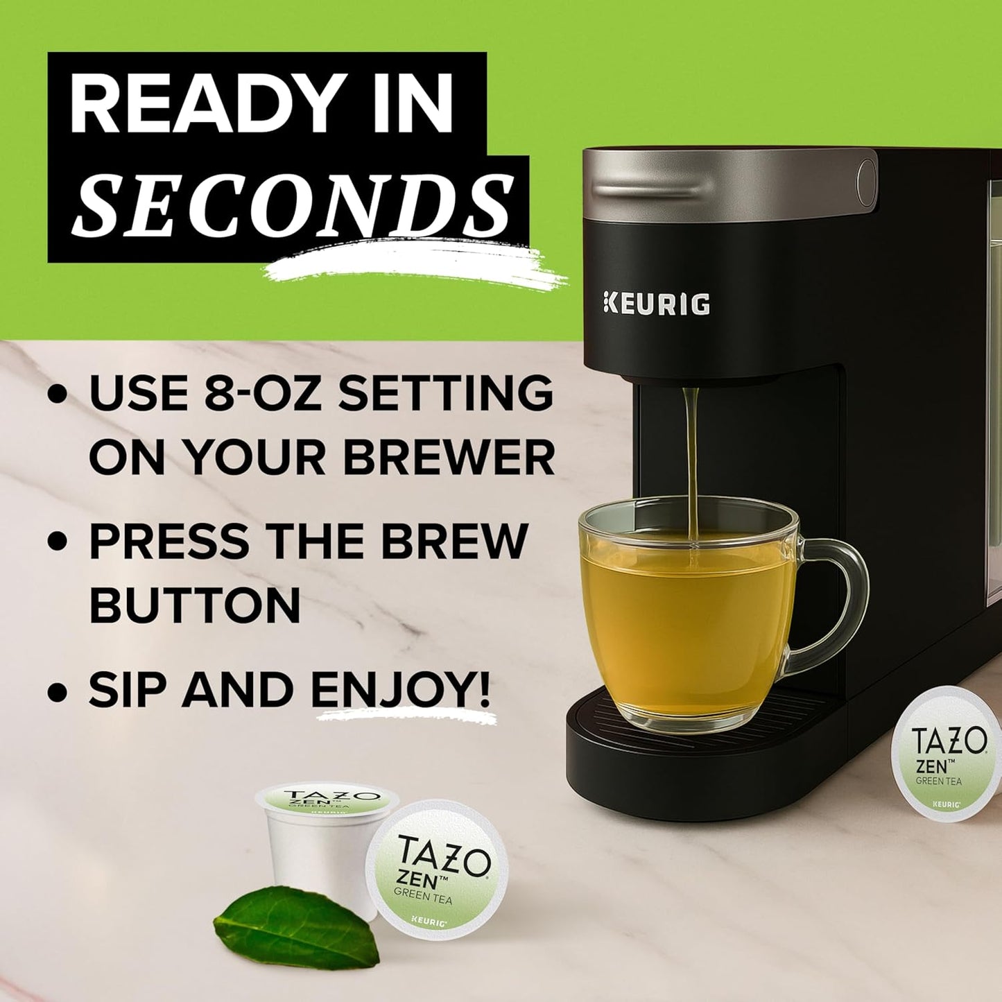 TAZO Organic Zen Green Tea K-Cups, Caffeine Free Tea with Refreshing Lemongrass & Spearmint, 22 Pods