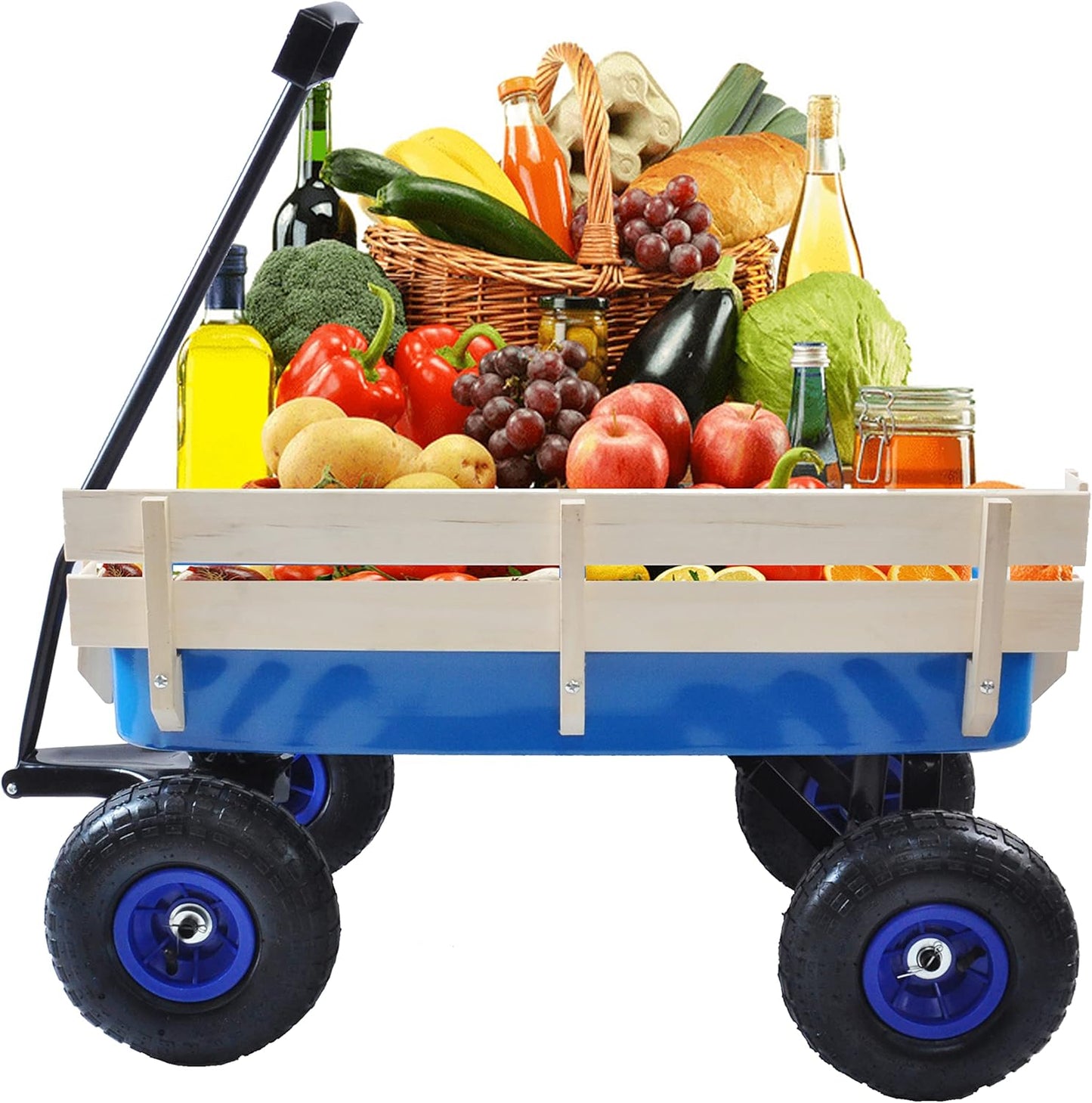 Garden Cart Utility Wagon 176 LBS Loading Capacity Steel Garden Wagon Pulling Cart with Wood Railing Folded Handle for Garden Farm Orchard Warehouse Blue Steel One Size