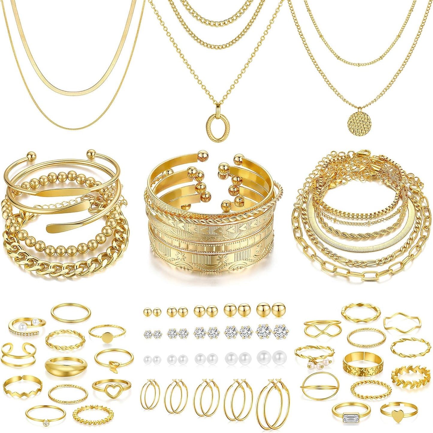 FAXHION 68 Pcs Gold Jewelry Set for Women with 7 Necklace, 17 Bracelet