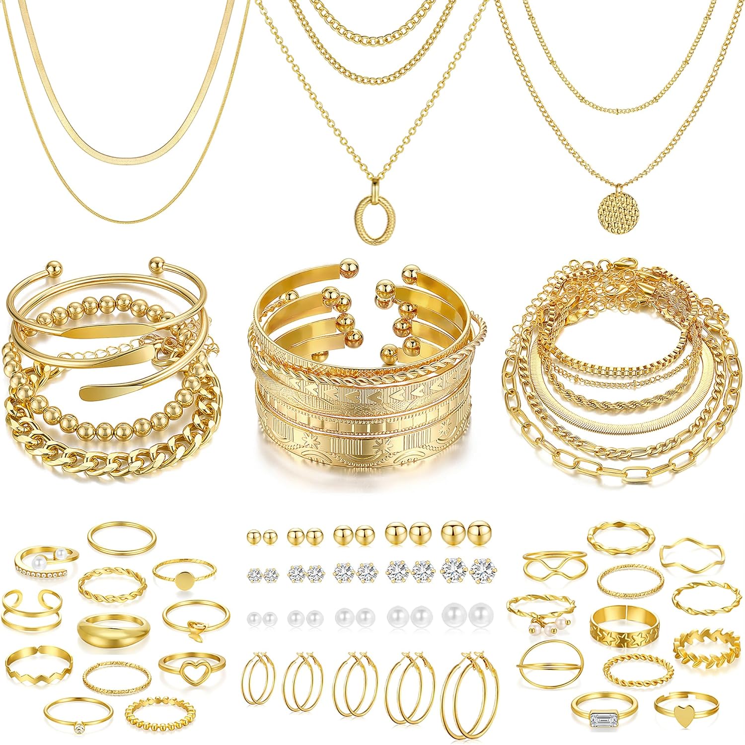 FAXHION 68 Pcs Gold Jewelry Set for Women with 7 Necklace, 17 Bracelet
