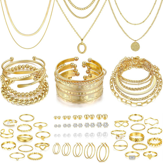 FAXHION 68 Pcs Gold Jewelry Set for Women with 7 Necklace, 17 Bracelet