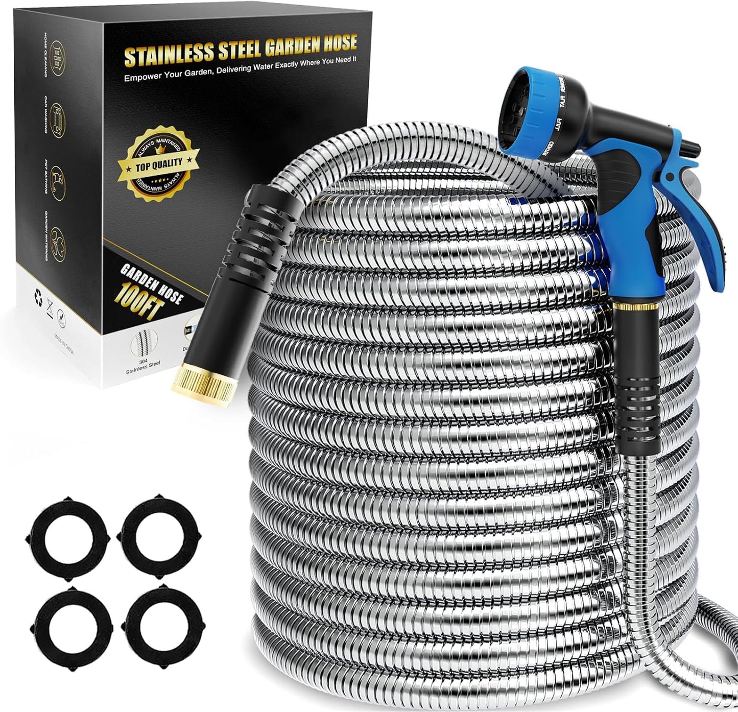 Lefree 100ft Metal Garden Hose - Heavy Duty 304 Stainless Steel Flexib