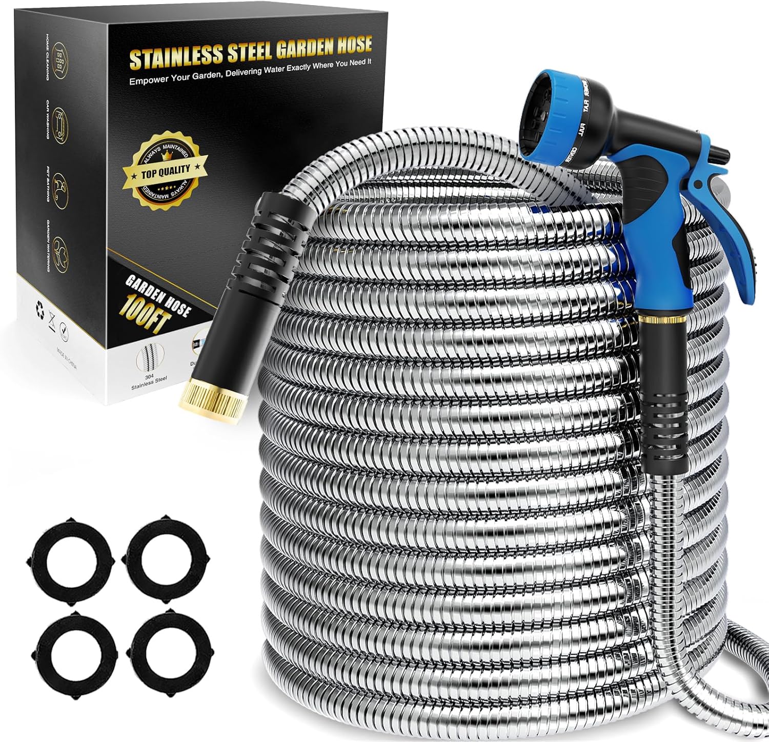 Lefree 100ft Metal Garden Hose - Heavy Duty 304 Stainless Steel Flexib