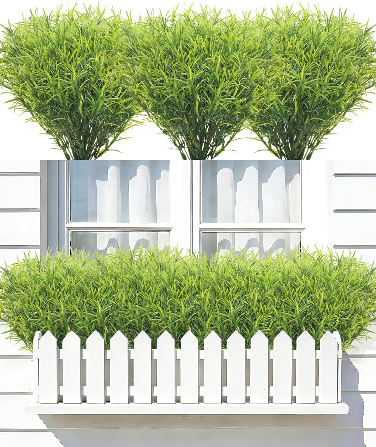 20 Bundles Artificial Rosemary Stems Boxwood Shrubs Grass UV Resistant, Artificial Greenery Stems Fake Plants Faux Plastic Greenery for Indoor Outdoor Wedding Pot Porch Fence Hanging Planter