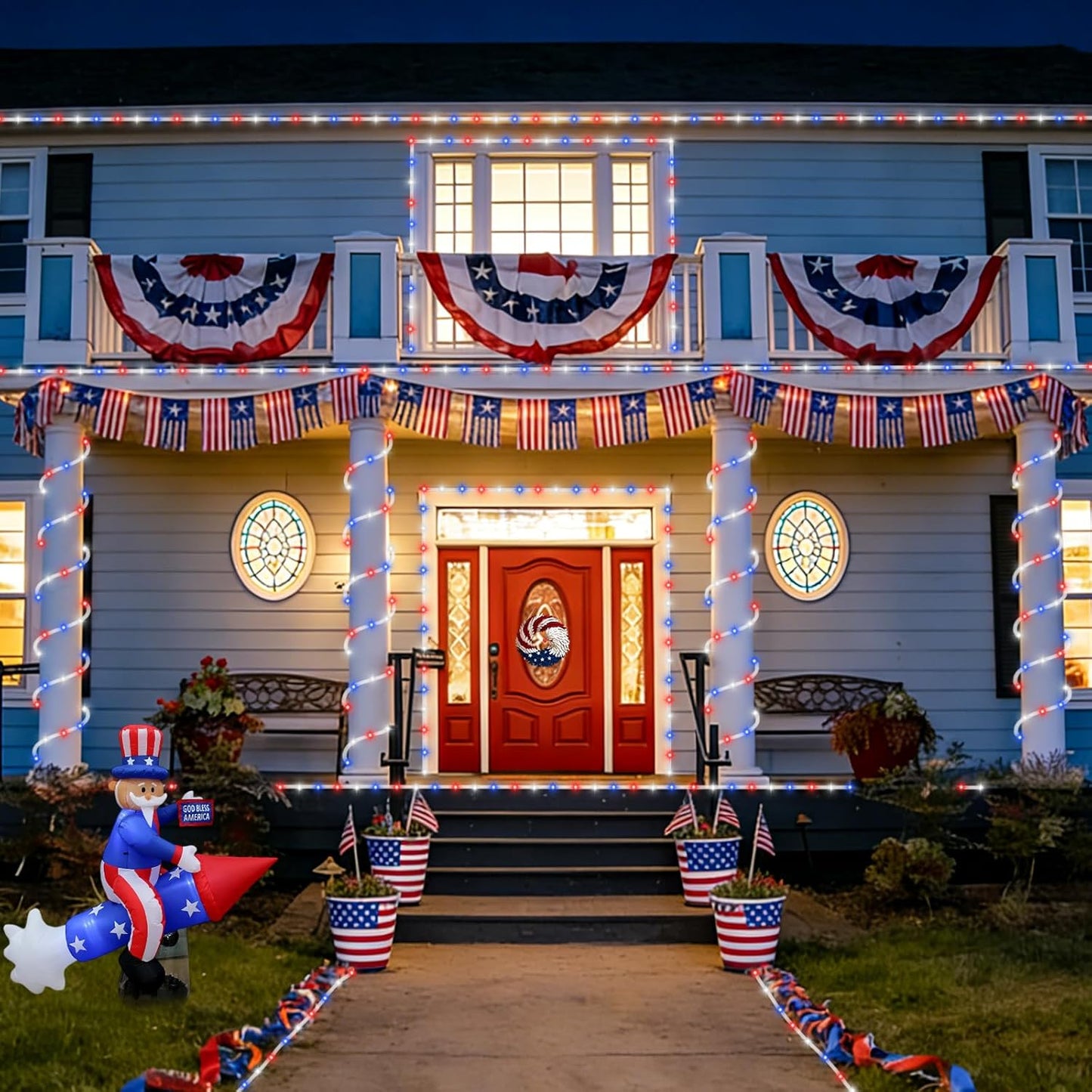 QITONG Red White Blue Solar Rope Lights, 66ft 200 LED 4th of July String Lights, 8 Modes Fairy Lights in Clear Thin Tube for Patriotic Independence Memorial Day Decor