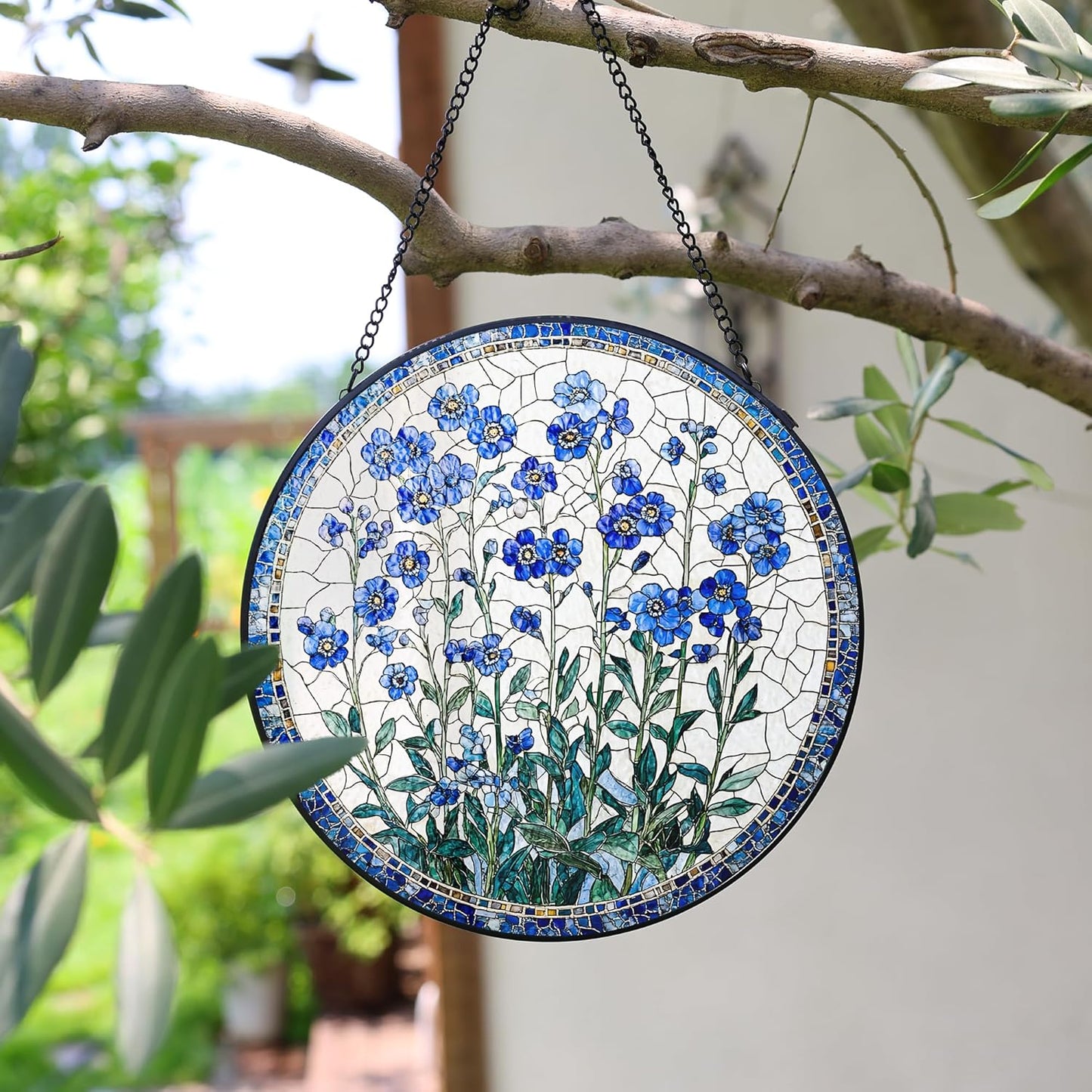 Forget-Me-Not Flower Stained Glass Suncatcher, 7.8 Inch Handmade Blue Floral Window Hanging Decor - Garden, Home Gift for Women, Mom, Grandma (Blue, Medium)