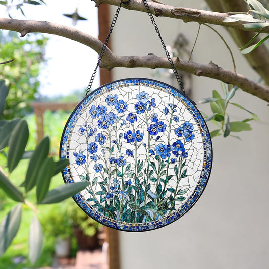 Forget-Me-Not Flower Stained Glass Suncatcher, 7.8 Inch Handmade Blue Floral Window Hanging Decor - Garden, Home Gift for Women, Mom, Grandma (Blue, Medium)