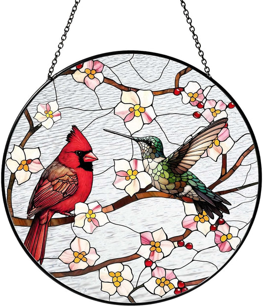 Cardinal&Hummingbird Stained Glass Window Hanging Birds Sun Catcher Cardinal Lover Gifts for Women Christmas Lovebirds Suncatchers for Garden Home Windows Hanging Decoration, 7.87inch