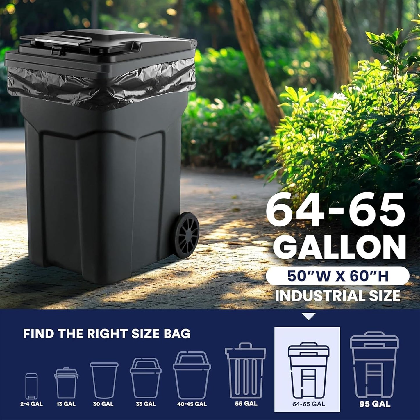 Plasticplace 64-65 Gallon Black Trash Bags, Heavy Duty Toter Can Liners, Tear & Leak-Proof, Industrial Strength, 25 Count, Large Garbage Bags for Kitchen & Commercial Use 1.2 Mil, 50" x 60"