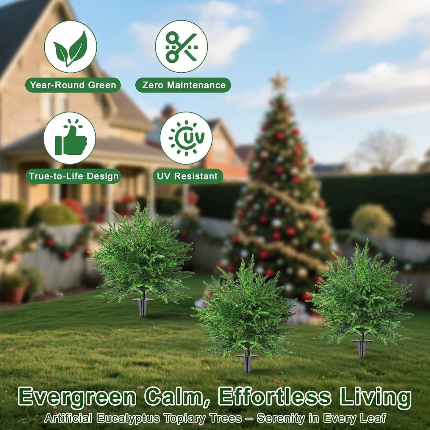 Artificial Topiary Ball Trees, 2 Pack 28'' UV Resistant Faux Cedar Bushes, Outdoor Indoor Decorative Evergreen Plants with Ground Spikes for Patio Garden Porch Decor