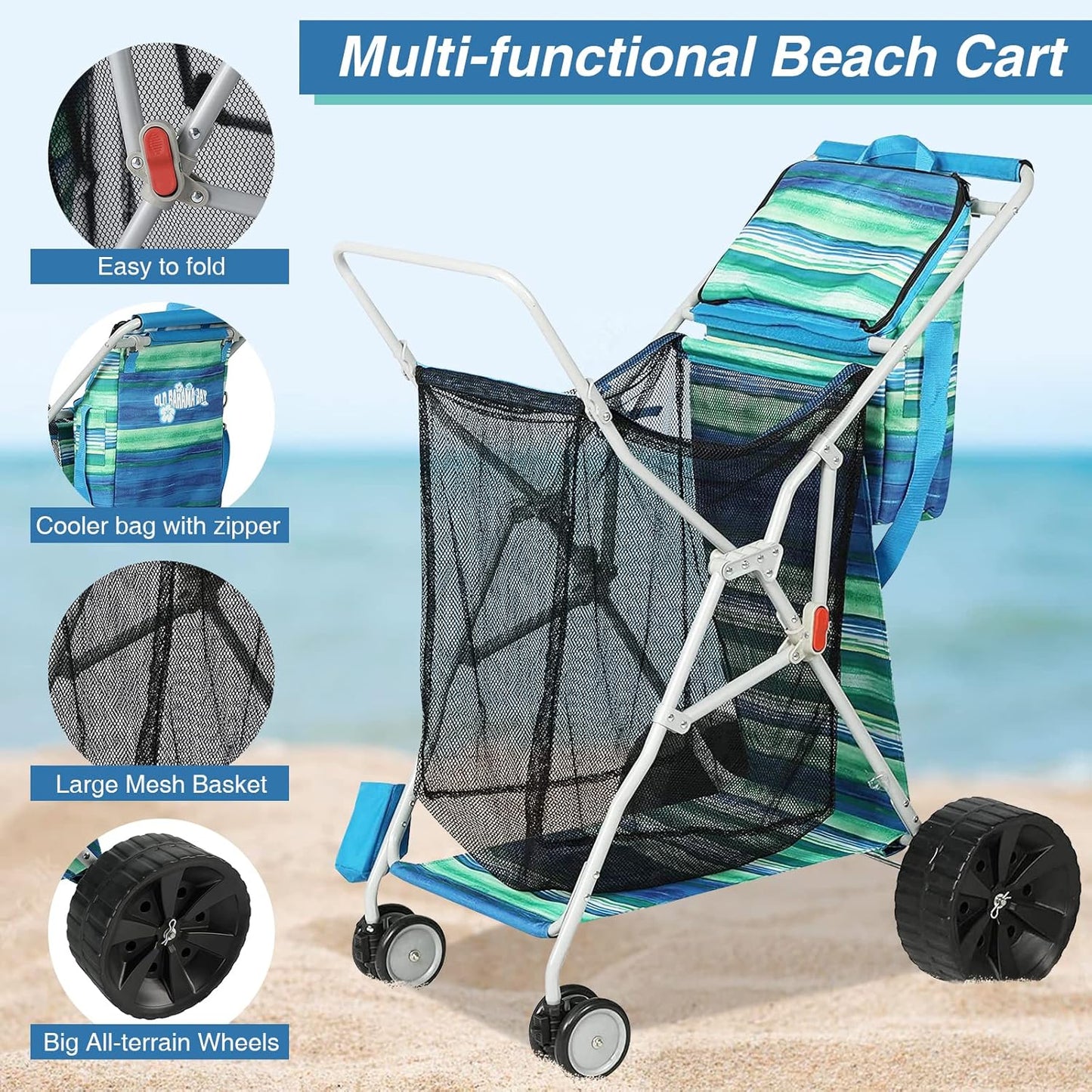 Beach Cart with Big Wheels for Sand, Collapsible All-Terrain Beach Wagon with Cooler Bag & Umbrella Holder, Large Mesh Storage, Supports 100lbs for Camping, Outdoor, Shopping, Dark Blue Stripes