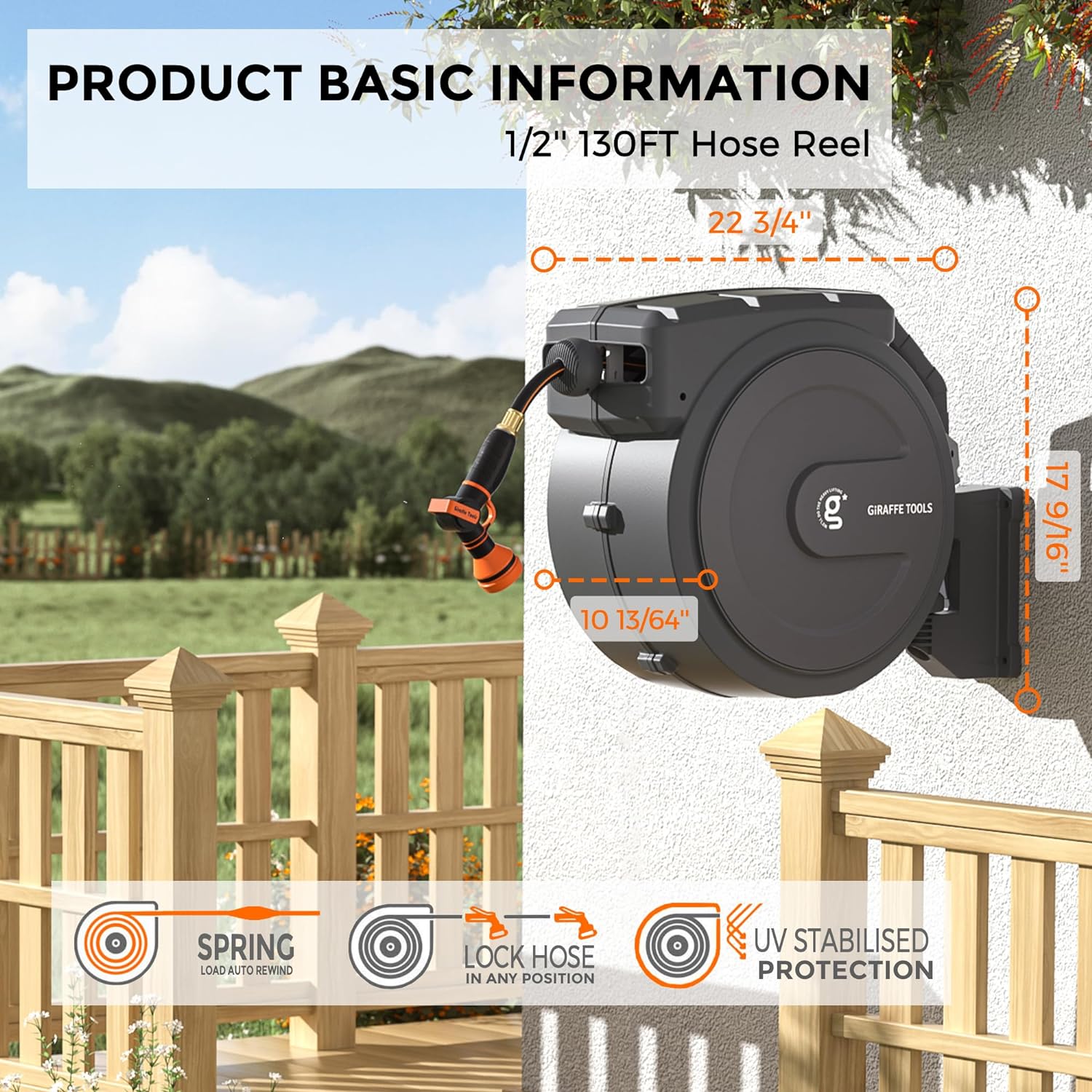 Giraffe Tools Retractable Garden Hose Reel 1/2 Inch x 130 ft, Super He