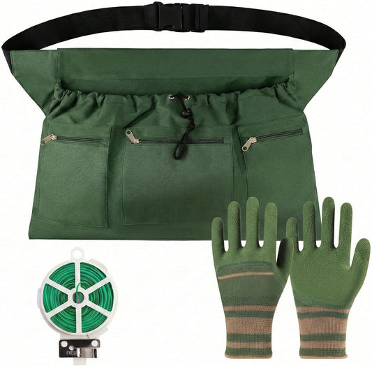 Garden Apron with Deep Pockets - Adjustable Waist Tool Apron & Organizer with Zipper Pouch - Includes Thorn Resistant Gloves & 65ft Plant Tie - Heavy Duty Gardening Gift Kit for Women & Men