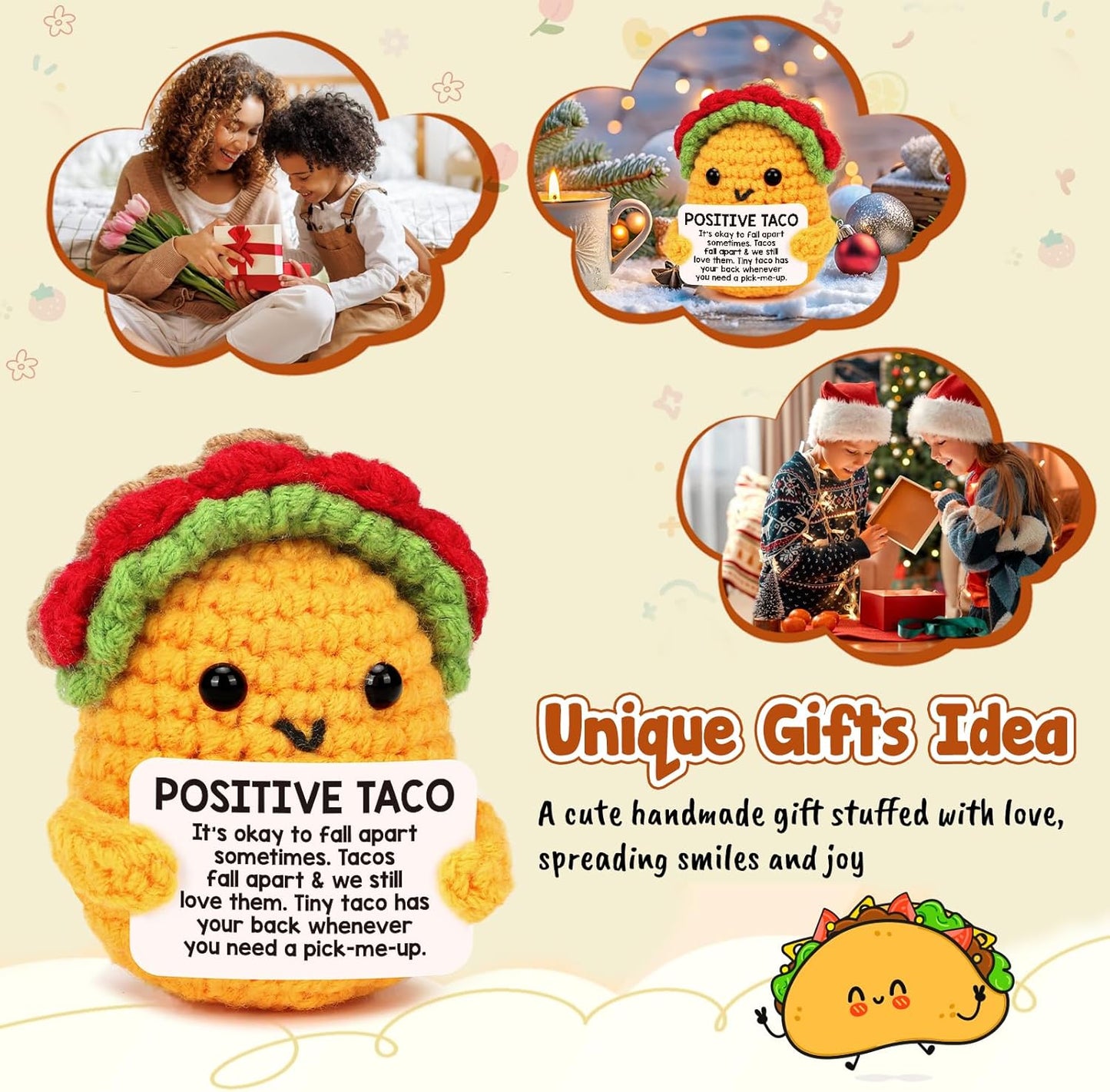 LuoHere Positive Crochet Taco Birthday Gifts for Women Men Easter Basket Stuffers Essentials Adult Kids Son Mom Dad Daughter Sister Friend Coworkers Self Care Emotional Inspirational Support