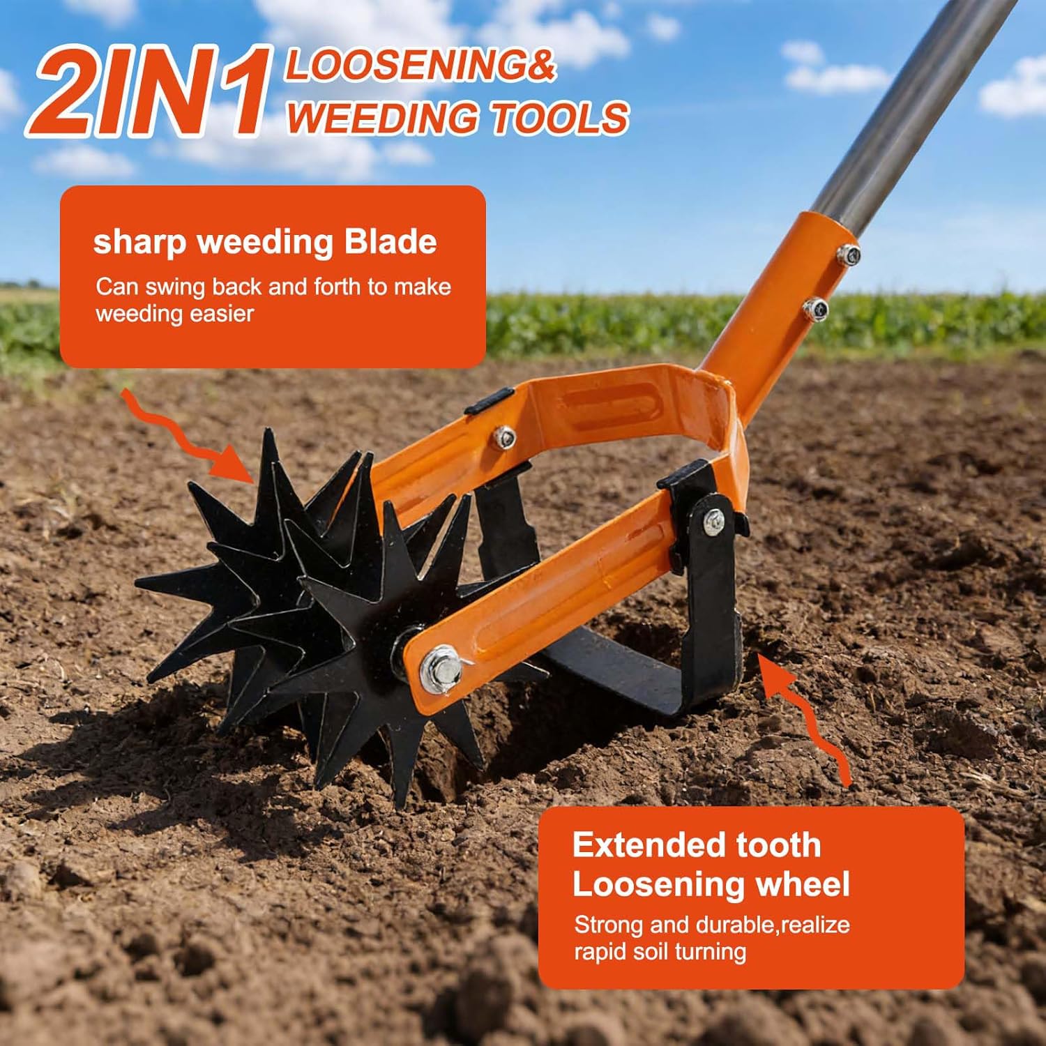 72inch Rotary Cultivator,Gardening Hand Tiller,Adjustable Long Handle,