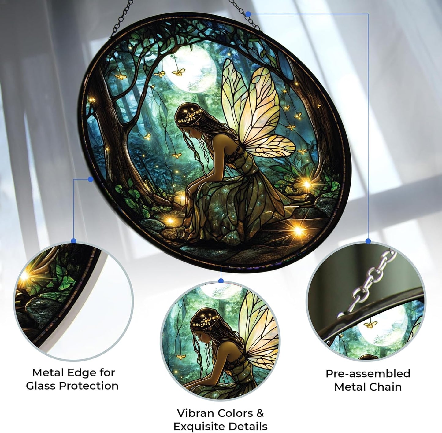 Personalized Boho Fairy and Fireflies Stained Glass Suncatcher Stained Glass Window Hanging Home Decor Garden Halloween Christmas Wedding Housewarming Gifts