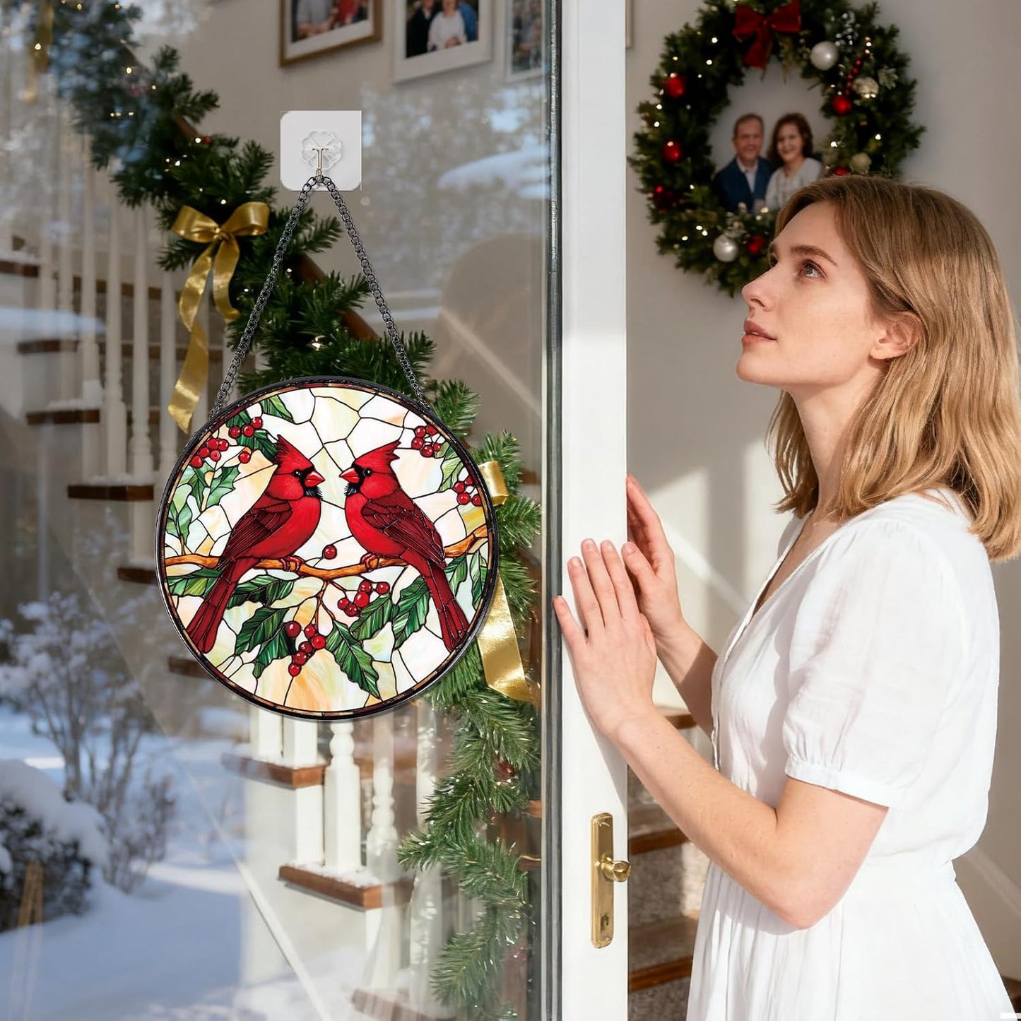 Cardinal Stained Glass Window Hanging, Cardinal Sun Catchers Indoor Window Gifts for Women Mother's Day, Wall Art SunCatchers Decor Gift for Home Garden Doors Christmas