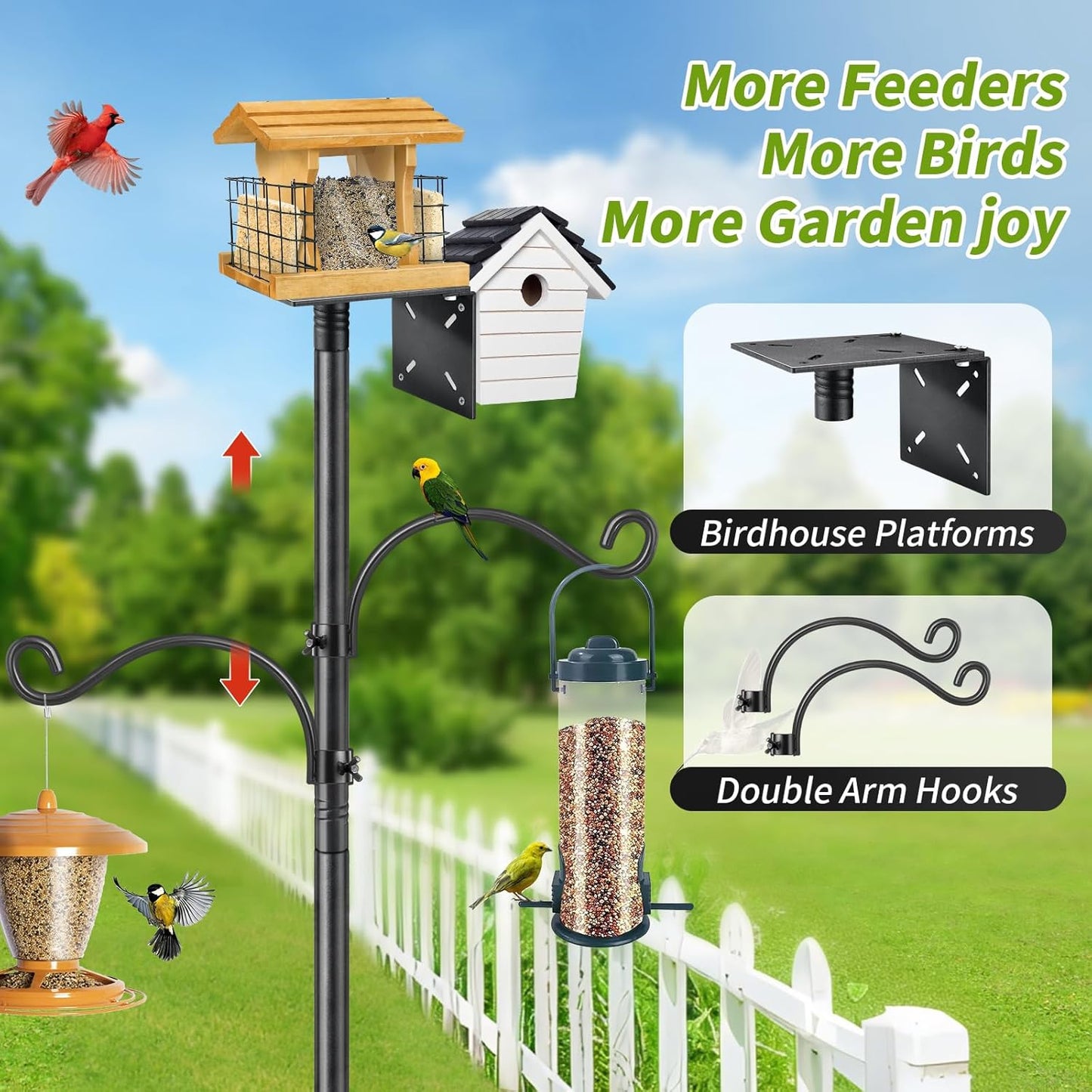 Bird Feeder Pole, 80 Inch Bird House Pole Stand for Outdoors Heavy Duty Metal Feeding Station Kit with 2 Hooks for Birdhouse & Pole Mount birdfeeders Outside, 1 Inch Diameter, 1 Pack