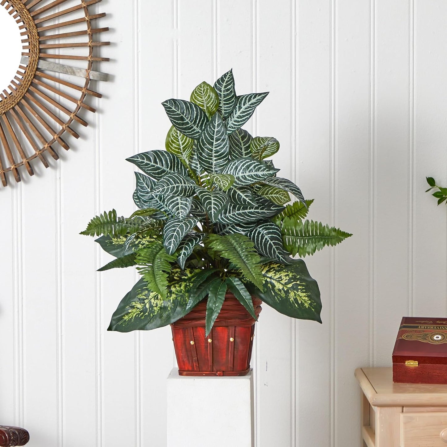 Nearly Natural Mixed Greens Zebra with Wicker Silk Plant, 26 in