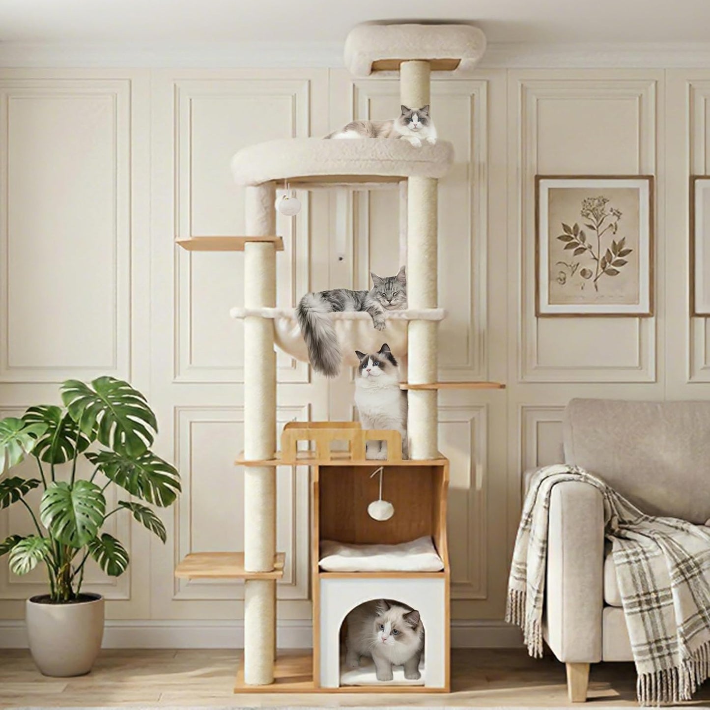 Cat Tree, 70.9 Inch Wood Cat Tower for Large Cats Adult, Modern Cat Fu