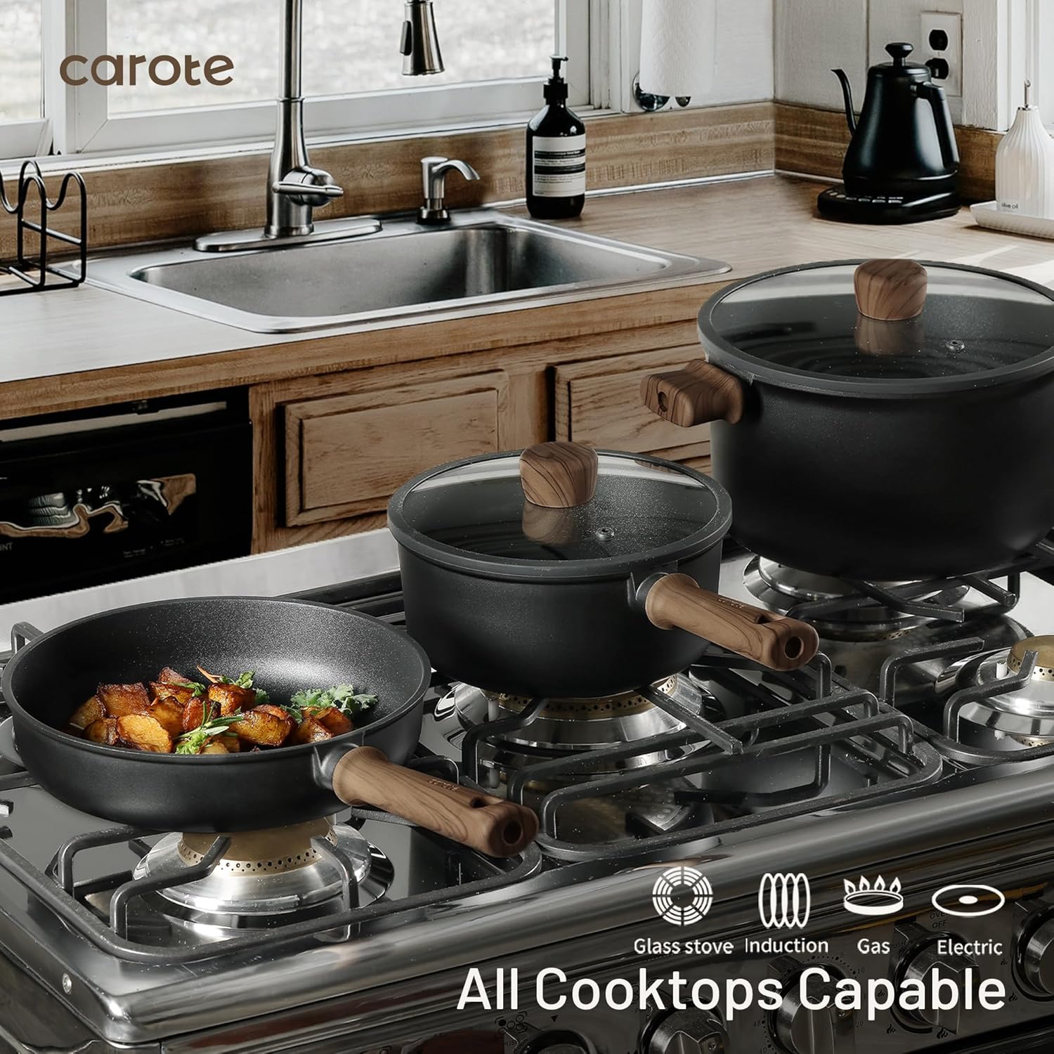 CAROTE 44pcs Nonstick Kitchen Titanium Cookware Sets, Nonstick Pots an